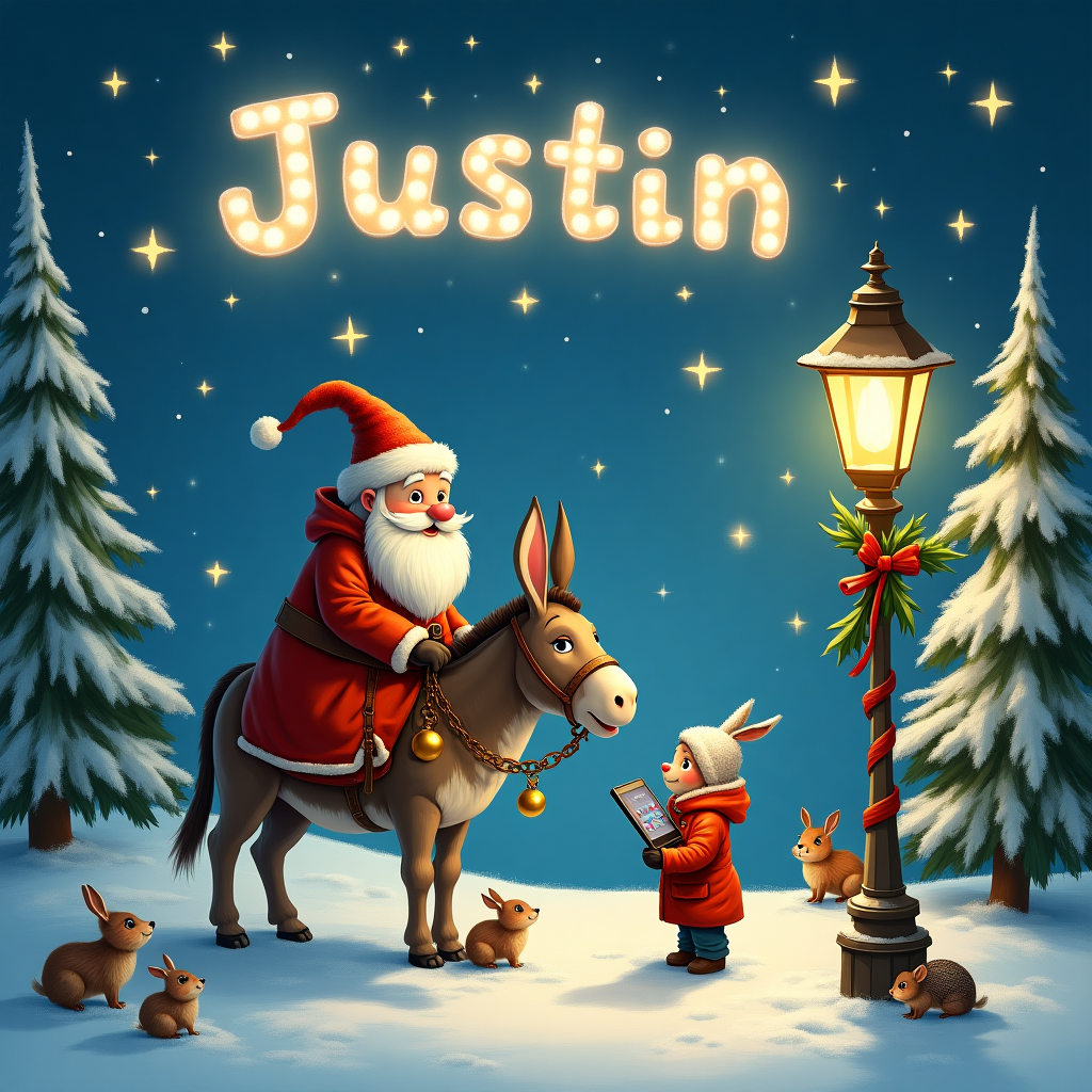 A Gonk riding on a donkey, and There is also Justin holding an iphone with ChatGPT on it Christmas Card