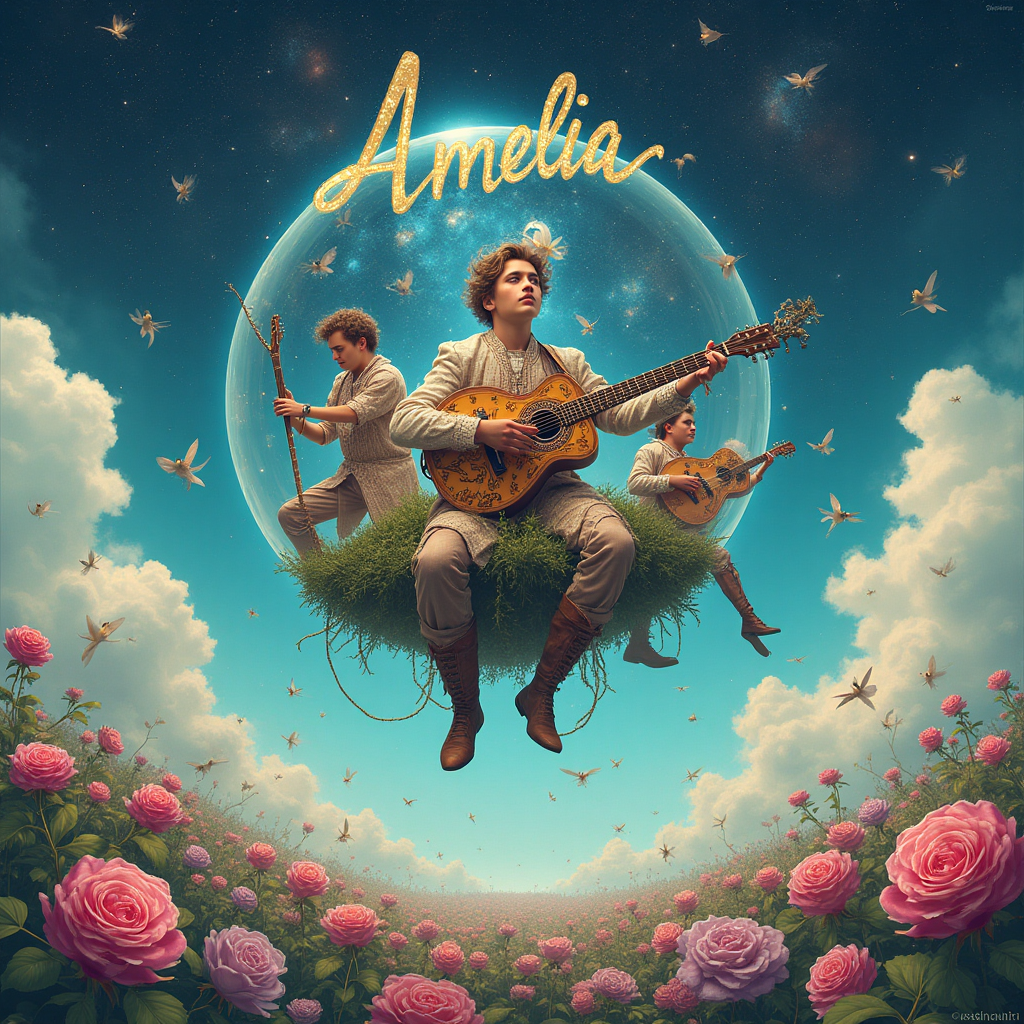 At the top of the Surreal Style image, a swirling script spells out **Amelia...**

**Image Description:**

Envision a dreamlike landscape where the boundaries of reality and imagination blur. At the center, Ryan Ross, adorned in a whimsical, Renaissance-inspired outfit, strums an ornate, feather-encrusted guitar. His eyes are gentle pools of mystery, reflecting a cosmic sky full of swirling stars and vibrant nebulae. Surrounding him are members of Fall Out Boy, each engaging with peculiar instruments, their features morphing into elements of nature—one with hair flowing into tree branches, another with hands turning into cascading waterfalls.

The scene unfolds within a floating glass sphere, drifting through an endless azure sky, speckled with cotton candy clouds and abstract shapes. Below, a lush garden of overgrown roses blooms with fantastical colors—blues, purples, and golds. Tiny winged creatures dart between the petals, carrying threads of light that weave through the air like musical notes.

A gentle, surreal romance emanates from the scene, as if every element is in harmony, whispering a birthday wish wrapped in melody and wonder. At the bottom of the image, in a playful, flowing font: "Where your dreams dance with the stars, Happy Birthday, Amelia!"
Generated with these themes: Ryan ross, Fall out boys, and .
Made with ❤️ by AI.