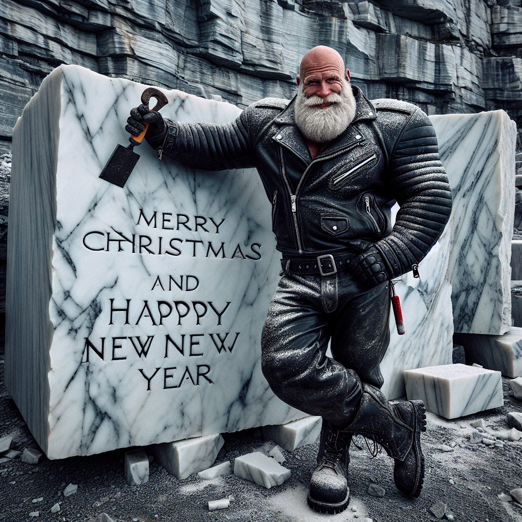 In the brisk quarry air, Santa Claus stands out amidst the dusty marble blocks. Donning a rugged black leather motorcycle jacket, he leans confidently against a massive, pristine block of marble with a chisel in hand. A lithe reindeer, with a neon safety vest, waits patiently nearby. Splatters of white marble dust speckle Santa's beard, as he smiles warmly. Above this unexpected scene, the crystal-clear text 'Merry Christmas and Happy New Year' is etched into the rock face, its perfection leaving no room for error or misspellings.
Generated with these themes: Santa Claus working in a marble quarry, next to a block of marble and wearing a black leather motorcycle jacket.
Made with ❤️ by AI.