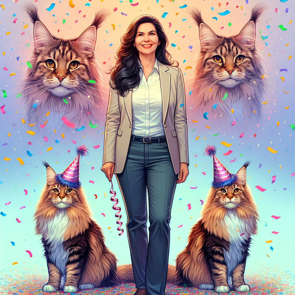 Create an affectionate, adorable illustration for a 50th birthday. It features a female accomplished entrepreneur of Hispanic descent, standing in the middle of numerous pieces of confetti fluttering around her. On either side of her, there are her faithful Maine Coon cats, amusingly embellished with festive hats. The Maine Coons, identifiable by their tufted ears and dignified poses, contribute a dash of eccentric allure. The background merges into a pastel color spectrum, symbolizing the serene progression of a triumphant half-century.
Generated with these themes:  Entrepreneur , Maine coon cats, 50th, and "Nena" .
Made with ❤️ by AI.