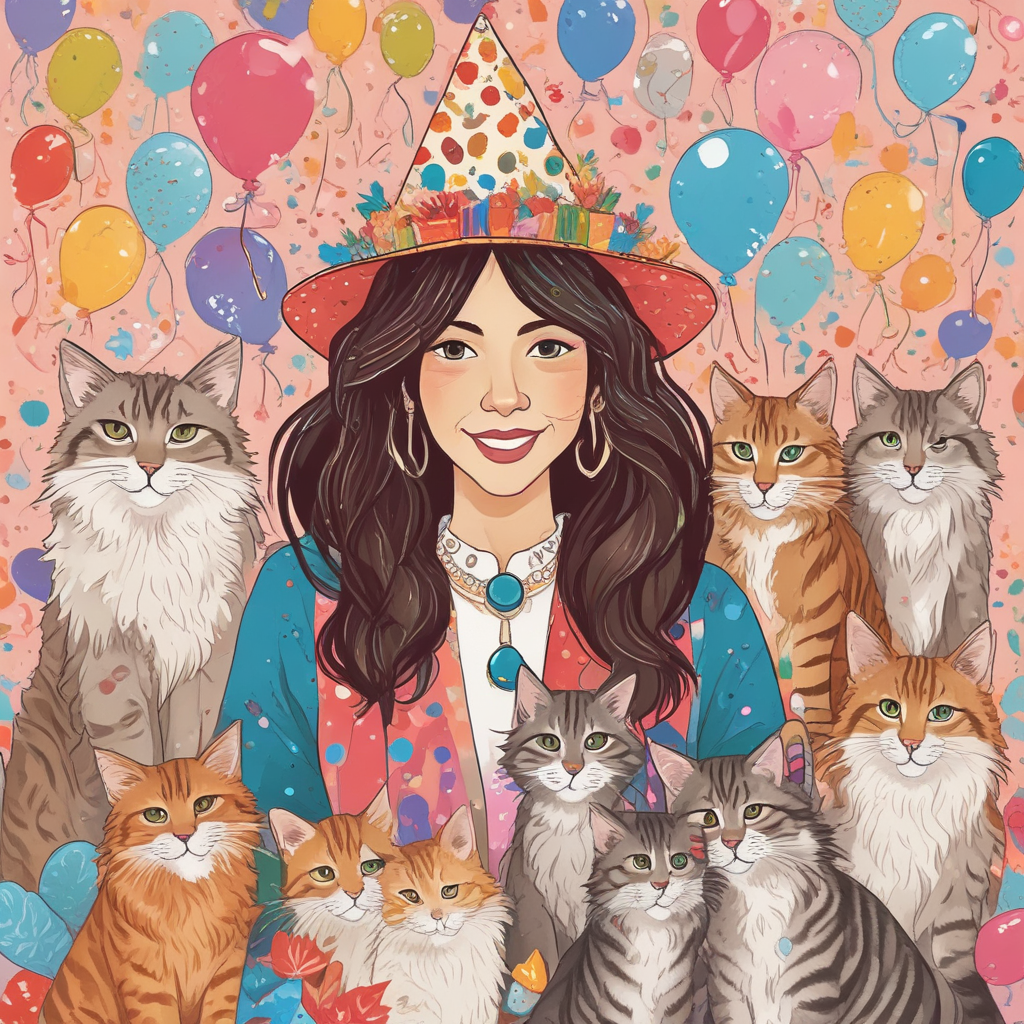 Illustration Cute, Create an affectionate, adorable illustration for a 50th birthday. It features a female accomplished entrepreneur of Hispanic descent, standing in the middle of numerous pieces of confetti fluttering around her. On either side of her, there are her faithful Maine Coon cats, amusingly embellished with festive hats. The Maine Coons, identifiable by their tufted ears and dignified poses, contribute a dash of eccentric allure. The background merges into a pastel color spectrum, symbolizing the serene progression of a triumphant half-century.
Generated with these themes:  Entrepreneur , Maine coon cats, 50th, and "Nena" .
Made with ❤️ by AI.