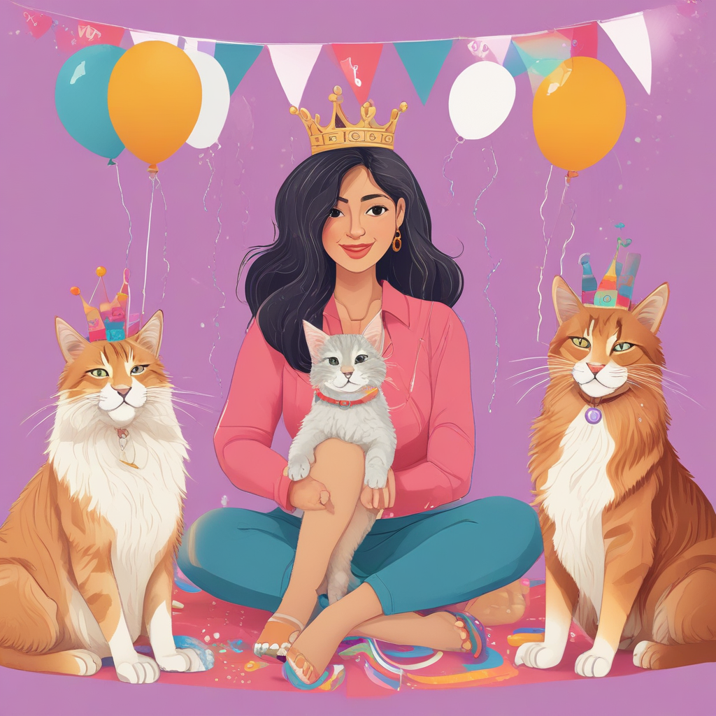 Illustration Cute, Create an image of a middle-aged South Asian female entrepreneur, celebrating her 50th birthday, with a pair of Maine Coon cats, each wearing a miniature crown, by her side. The backdrop should be festooned with balloons, and a paper banner reading 'Happy Birthday', alluding to a festive atmosphere. Elements, such as streamer decorations and a soft color palette, should underscore the warmth and joy of the occasion.
Generated with these themes:  Entrepreneur , Maine coon cats, 50th, and "Nena" .
Made with ❤️ by AI.