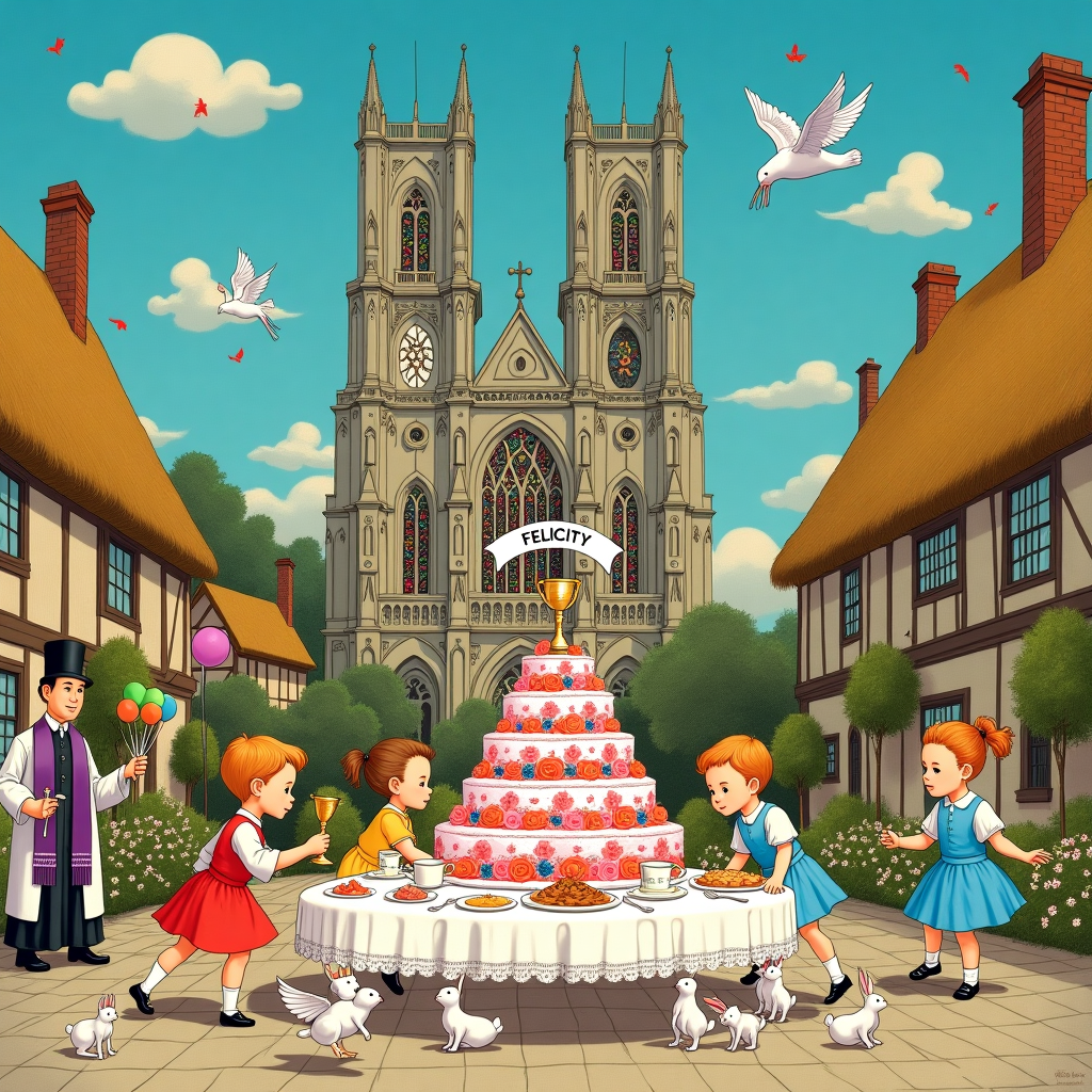 **Front Cover Illustration Description:**

In the center of the card, picture a bustling and jovial village scene reminiscent of Norman Rockwell’s storytelling charm, infused with the detail-oriented and expressive style of Aubrey Beardsley. The focal point is an intricate, Gothic cathedral with towering spires reaching into a bright, cerulean sky reminiscent of Maxfield Parrish's dreamy palettes. The cathedral’s stained-glass windows throw vibrant hues—crimson, sapphire, and emerald—onto the cobblestone street below.

In the foreground, a grand table is set up for a birthday feast. Imagine it in the quaint, illustrative style of Beatrix Potter, with porcelain teacups and an ornately decorated cake. The cake is tiered and frosted in pastel pinks and purples, adorned with sugar roses and delicate, gold leaf detailing. At the top of the cake, a small, whimsical banner unfurls, bearing the name “Felicity” in elegantly swirling letters.

Children, depicted in the lively style of Quentin Blake, run around the table, clad in Sunday-best outfits that are a burst of colors—cherry red, daisy yellow, and sky blue. They chase a collection of playful rabbits and birds, nodding to the fantastical elements of Maurice Sendak. Each child holds a colorful, balloon adorned with painted angel wings, a playful nod to the Catholic theme.

To the left, a priest dressed in a traditional cassock and biretta is captured in a scene straight out of Arthur Rackham’s imagination. He raises a chalice, shimmering with golden highlights under the sun. Behind him, a small choir of cherubic angels, rendered with Edward Gorey’s unique touch, sing joyously, their hymns depicted as swirling musical notes hovering in the air.

In the background, lush, rolling hills stretch out, dotted with quaint thatched cottages reminiscent of N.C. Wyeth's idyllic landscapes. Above, a few fluffy clouds drift lazily across the sky, while doves, in graceful flight, add a sense of whimsy akin to Gustave Doré’s ethereal engravings.

This card cover blends the sacred and the festive with a touch of humor and playfulness, creating a visually rich tapestry that celebrates the joy of life’s milestones in a distinctly artistic style.
Generated with these themes: catholic.
Made with ❤️ by AI.