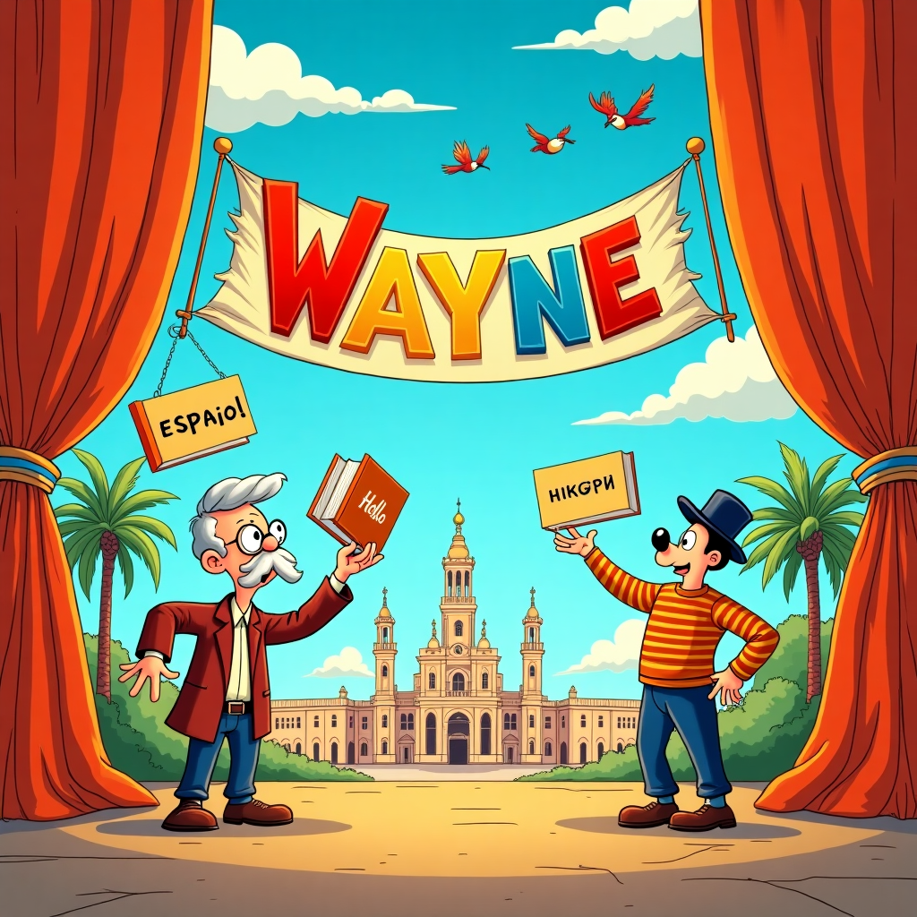 The front cover of this birthday greeting card is a vibrant cartoon scene brimming with details inspired by a fusion of classic comic artists. The setting is a whimsical stage located in the heart of Valencia, captured in a stylized manner that combines architectural charm with cartoon exaggeration.

At the forefront, a grand stage with ornate curtains in rich orange and red hues, reminiscent of the warm tones found in Valencia's sunsets, takes center stage. The curtains are drawn back to reveal an eclectic cast of cartoon characters. These characters are a playful nod to the works of Charles Schulz and Bill Watterson, with exaggerated features and lively expressions. Each character is engaged in an act that reflects teaching and performing multiple languages.

On the left side of the stage, a cartoonish professor with a comically oversized mustache and round glasses juggles giant textbooks, each titled in a different language such as "Español," "Français," "中文," and "Русский." The books are vibrantly colored, with exaggerated typography.

To the right, a charismatic mime in a striped shirt and beret is performing an exaggerated routine, while holding up oversized speech bubbles with the word "Hello" translated into various languages. The bubbles float up towards the sky, creating a playful pathway leading the eye upward.

In the background, Valencia's iconic architecture, such as the City of Arts and Sciences, is reimagined in a cartoon style, with soft pastel colors and exaggerated curves. Palm trees with oversized coconuts dot the landscape, adding to the lively, exotic feel.

Above the stage, a large colorful banner unfurls across the sky with the text "Wayne" in bold, cartoonish letters. The banner is carried by a flock of whimsical, oversized birds, reminiscent of Winsor McCay's dreamlike creatures. The letters of "Wayne" are painted in vibrant hues, each letter a different color—electric blue, sunny yellow, fiery red, and bright green.

The sky above is a brilliant cerulean, dotted with fluffy, exaggerated clouds that swirl and dance like something out of a Tezuka or Eisner graphic novel. Balloons, in every color imaginable, float around the scene, completing the festive atmosphere. This dynamic composition creates an engaging and visually delightful scene, perfectly encapsulating the joy of a birthday celebration.
Generated with these themes: Performing on stage, Speaking multiple languages, Teaching, and Valencia.
Made with ❤️ by AI.