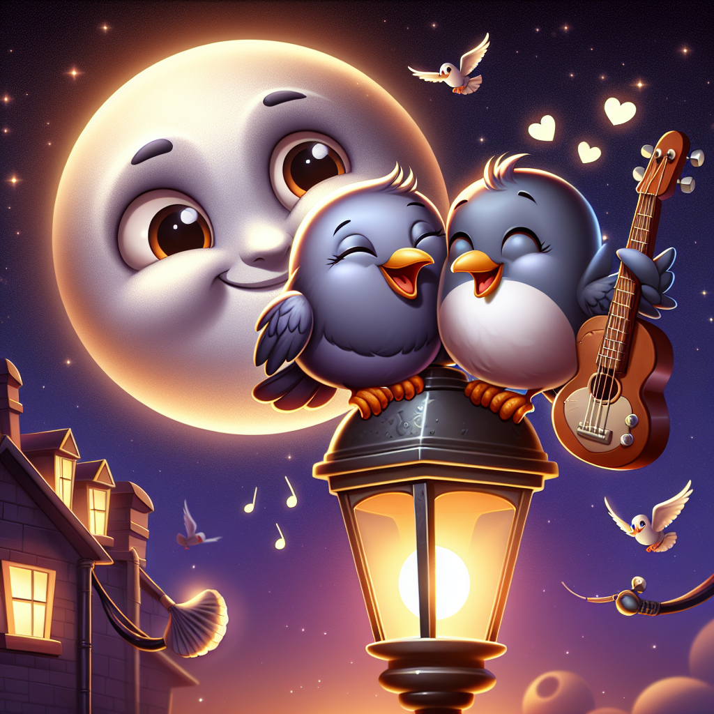 Create a whimsical cute cartoon scene celebrating an anniversary, featuring a pair of animated pigeons cooing sweet nothings atop a warmly lit streetlamp. The ambiance is infused with the comforting charm of a another friendly moon - not based on any particular figure - that's serenading the lovebirds with an iconic smile. In the background, the gentle strumming of a bass guitar weaves a harmonious melody into the starry night.
Generated with these themes: Pigeons, Dolly parton, and Bass guitar.
Made with ❤️ by AI.