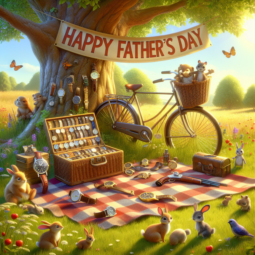 Imagine a warm sunny meadow as the setting, with a cheerful banner overhead heralding 'Happy Father's Day'. A classic bicycle, evoking thoughts of leisurely rides on a balmy day, is propped against an old tree under its shadow. The bike's basket is laden with an assortment of watches, their metallic surfaces sparkling with reflected sunlight. On a large checkered picnic blanket nearby, one can spot a collection of miniature toy shotguns mirroring rustic charm. The setting is sprinkled with cartoon animals of different species - rabbits, squirrels, birds. Some are playfully investigating the items, while others are simply basking in the sunlight, making the entire scene delightful yet peaceful, embodying the spirit of Father's Day.
Generated with these themes: Bikes, Watches, and Shotguns.
Made with ❤️ by AI.