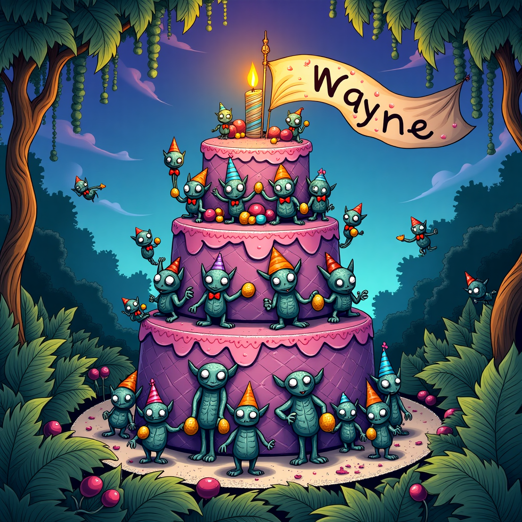 **Illustration Concept for a Birthday Greeting Card Featuring Tyranids**

---

**Foreground Scene:**

1. **Central Cake:**
   - **Design:** A colossal, multi-tiered birthday cake, adorned with intricate icing patterns and colorful, alien-inspired decorations. Each tier is stacked precariously, almost as if it's defying gravity.
   - **Colors:** Rich purples and greens, with hints of metallic silver for an extraterrestrial feel.
   - **Details:** The cake is encircled by Tyranid creatures in a comically celebratory pose, holding up tiny cake slices or icing piping bags.

2. **Tyranid Characters:**
   - **Design:** The Tyranids are rendered in a style that mixes the detailed, cross-hatched intricacy of Aubrey Beardsley with the whimsical charm of Quentin Blake.
   - **Colors:** A variety of deep blues and vibrant magentas, with each Tyranid sporting a unique pattern or accessory like party hats or bow ties.
   - **Details:** Their eyes are wide and cartoonishly expressive, focused eagerly on the cake or each other, as if deciding who will dive in first.

**Background Scene:**

1. **Jungle Canopy:**
   - **Design:** A lush, jungle-like canopy inspired by Maurice Sendak, filled with oversized, fantastical plants and twisting vines.
   - **Colors:** Verdant greens mixed with splashes of bright yellows and pinks for an otherworldly flora.
   - **Details:** Hidden among the foliage are tiny, mischievous Tyranids peeking through leaves or hanging from branches.

2. **Sky:**
   - **Design:** A vibrant, twilight sky reminiscent of Maxfield Parrish, blending deep indigo with swirls of glowing pinks and oranges.
   - **Details:** In the sky, a large banner floats, held aloft by small winged Tyranids, with the word "Wayne" inscribed in bold, celebratory letters.

3. **Ground Details:**
   - **Design:** The ground is a whimsical tapestry of colorful confetti and scattered birthday decorations.
   - **Details:** Small gifts and party favors, styled in a Victorian-esque manner, are strewn about, subtly nodding to Edward Gorey's playful yet dark undertones.

**Overall Composition:**

- The illustration should maintain a balance of detail and playfulness, with the central cake and Tyranids as the focal point.
- The visual style should merge the storytelling richness of N.C. Wyeth with the intricate line work of Arthur Rackham, creating a scene that is both captivating and humorous.

This card front cover will draw the viewer into a vibrant, alien birthday party where Tyranids celebrate with delightful chaos and artistry.
Generated with these themes: Tyranids.
Made with ❤️ by AI.