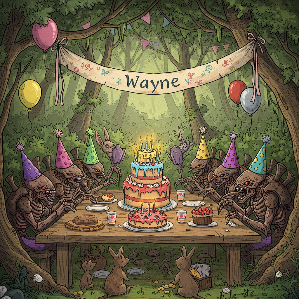 In the center of the card, imagine a fantastical birthday feast scene featuring a group of Tyranids, a creature from the Warhammer 40,000 universe, yet with a whimsical twist inspired by Maurice Sendak and Beatrix Potter. These Tyranids are not menacing but rather humorously adorned for a birthday party, each wearing brightly colored party hats in shades of purple, green, and gold with polka dots and stripes.

Positioned at a long, rustic wooden table, reminiscent of N.C. Wyeth’s classic adventure settings, the Tyranids are gathered around a colossal birthday cake. The cake towers with multiple layers, each frosted in vibrant colors – a deep royal blue base, a fiery red middle, and a bright lemon yellow top, all topped with tiny, comically oversized candles. Each candle flickers with a tiny green flame, adding to the whimsical feel.

In the background, sketch a lush, enchanted forest inspired by Arthur Rackham and Maxfield Parrish, where twisted trees with gnarled branches draped in soft, mossy greens arch overhead, their leaves shading the scene in a kaleidoscope of emerald and amber hues. Underneath these trees, tiny woodland creatures like those from Beatrix Potter's tales peek out curiously at the unusual celebration, their features hand-drawn in a detailed, expressive style akin to Quentin Blake.

Floating above the gathering, a banner stretches across the scene, tied between two trees with fluttering ribbons in pastel pink and sky blue. Boldly scripted on the banner in an elegant font reminiscent of Aubrey Beardsley's intricate linework is the name "Wayne," festooned with small doodles of stars and spirals.

To complete the scene, add a few party balloons hovering around, drawn with the meticulous hatching technique of Gustave Doré. The balloons come in various sizes and shades – one metallic silver, another translucent aqua, and a third fiery orange – each reflecting the soft forest light. Below the scene, an intricately illustrated border of intertwining vines and playful woodland creatures frames the artwork, a nod to Edward Gorey’s unique and charmingly macabre style.
Generated with these themes: Tyranids.
Made with ❤️ by AI.