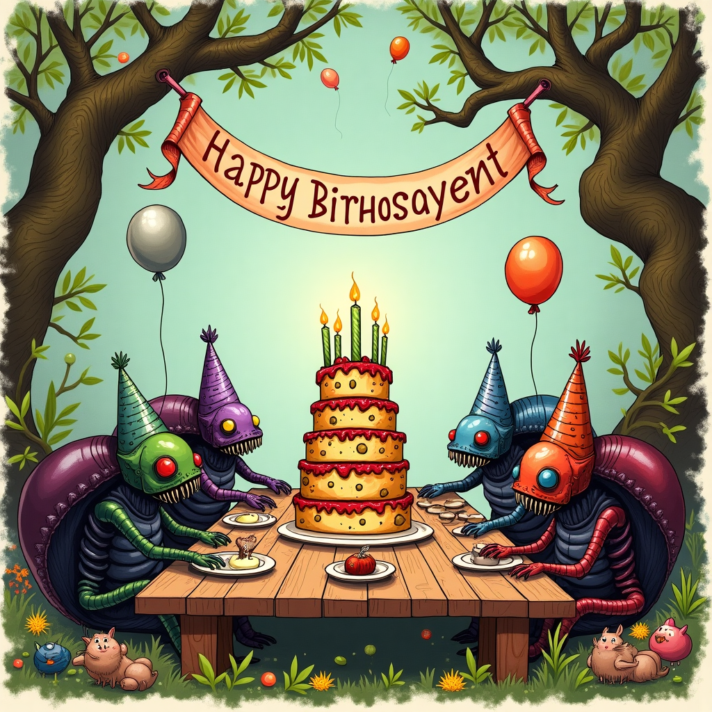 In the center of the card, imagine a fantastical birthday feast scene featuring a group of Tyranids, a creature from the Warhammer 40,000 universe, yet with a whimsical twist inspired by Maurice Sendak and Beatrix Potter. These Tyranids are not menacing but rather humorously adorned for a birthday party, each wearing brightly colored party hats in shades of purple, green, and gold with polka dots and stripes.

Positioned at a long, rustic wooden table, reminiscent of N.C. Wyeth’s classic adventure settings, the Tyranids are gathered around a colossal birthday cake. The cake towers with multiple layers, each frosted in vibrant colors – a deep royal blue base, a fiery red middle, and a bright lemon yellow top, all topped with tiny, comically oversized candles. Each candle flickers with a tiny green flame, adding to the whimsical feel.

In the background, sketch a lush, enchanted forest inspired by Arthur Rackham and Maxfield Parrish, where twisted trees with gnarled branches draped in soft, mossy greens arch overhead, their leaves shading the scene in a kaleidoscope of emerald and amber hues. Underneath these trees, tiny woodland creatures like those from Beatrix Potter's tales peek out curiously at the unusual celebration, their features hand-drawn in a detailed, expressive style akin to Quentin Blake.

Floating above the gathering, a banner stretches across the scene, tied between two trees with fluttering ribbons in pastel pink and sky blue. Boldly scripted on the banner in an elegant font reminiscent of Aubrey Beardsley's intricate linework is the name "Wayne," festooned with small doodles of stars and spirals.

To complete the scene, add a few party balloons hovering around, drawn with the meticulous hatching technique of Gustave Doré. The balloons come in various sizes and shades – one metallic silver, another translucent aqua, and a third fiery orange – each reflecting the soft forest light. Below the scene, an intricately illustrated border of intertwining vines and playful woodland creatures frames the artwork, a nod to Edward Gorey’s unique and charmingly macabre style.
Generated with these themes: Tyranids.
Made with ❤️ by AI.