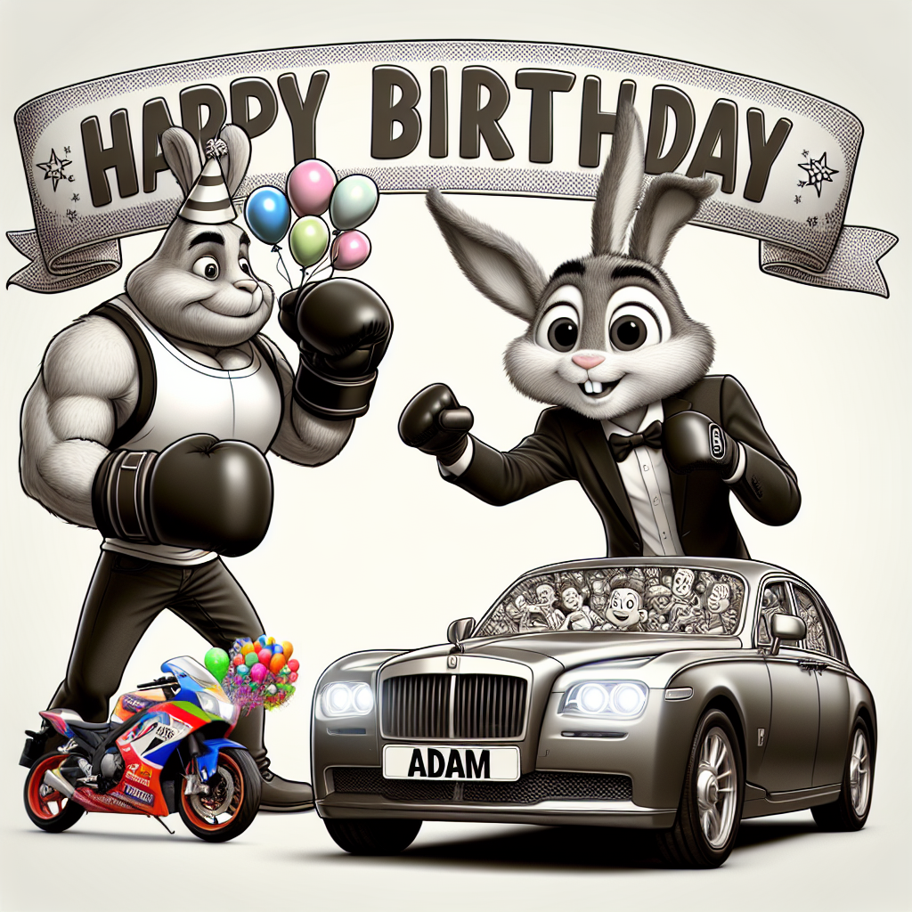 Imagine a humorous birthday cartoon scene. A banner displays the name 'Adam' in bold letters. In the middle of the scene, there's a caricature version of a classy car, interestingly wearing a party hat, and its headlights seem to exude a sense of excitement. Emerging from the car's sunroof is a playful rabbit, wearing gloves that are often used in martial arts, looking like it's ready to show off some moves. Standing slightly apart from the scene, there's a colorful motorbike with a bunch of balloons tied to its handlebars, its wheels spinning as if eager to start a birthday journey.
Generated with these themes: BMW car, Rabbit, Motorbike , Mixed Martial Arts, and Happy Birthday Adam!.
Made with ❤️ by AI.