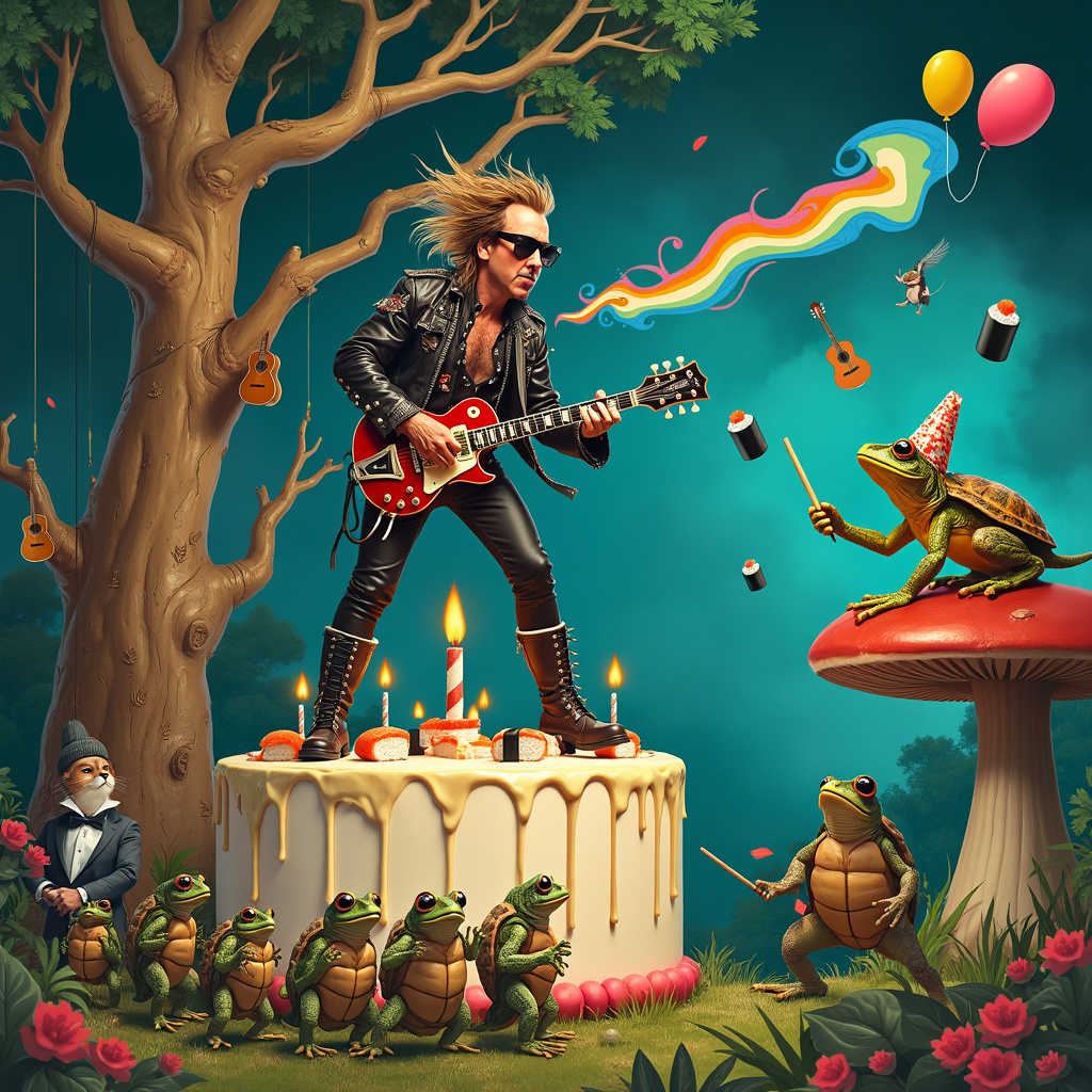 In this surreal birthday-themed scene, Nicholas Cage, decked out in a vibrant rockstar outfit with metal spikes and a leather jacket, stands atop a gigantic birthday cake in the middle of a lush, enchanted forest. His wild hair blows in the wind as he wields an electric guitar that emits rainbow-colored sound waves. Surrounding him are a chorus of anthropomorphic frogs, each wearing miniature sunglasses and strumming their own tiny guitars, adding to the musical cacophony. 

Perched on a nearby mushroom, a suave lizard in a tuxedo rolls sushi with a skilled hand, while a group of turtles, adorned with shiny metal helmets, march in a formation around the base of the cake, each carrying a slice of sushi on their shells like waiters at a high-end restaurant. One particularly large turtle, wearing a conductor's hat, seems to be leading the frogs in song, using a drumstick as a baton.

In the background, a whimsical tree with twisting, gnarly branches is festooned with strings of fairy lights and hanging guitars instead of fruits. The bark of the tree is etched with intricate patterns reminiscent of Aubrey Beardsley's line work, adding an extra layer of detail and depth to the scene. On one of the branches, an animated, cartoonish frog chef – clearly inspired by Beatrix Potter's style – tosses sushi rolls into the air, which are being expertly caught by Nicholas Cage mid-performance.

A couple of quirky details include a small crowd of enchanted forest creatures, such as hedgehogs and mice, who watch the performance with awe, some holding miniature birthday balloons. Tucked into the corners of the scene are nods to the artists mentioned: a shadowy figure reminiscent of Edward Gorey's illustrations lurks curiously behind a tree, and an ethereal Maxfield Parrish sky with luminous clouds provides a dreamy backdrop to this fantastical celebration. 

This scene is a symphony of elements combining the raw energy of metal music, the elegance of sushi preparation, and the playful charm of frogs and reptiles, all coming together to create a one-of-a-kind birthday celebration worthy of its own legend.
Generated with these themes: Frogs, Nicholas Cage, Guitars , Sushi, Lizards, Turtles, and Metal.
Made with ❤️ by AI.
