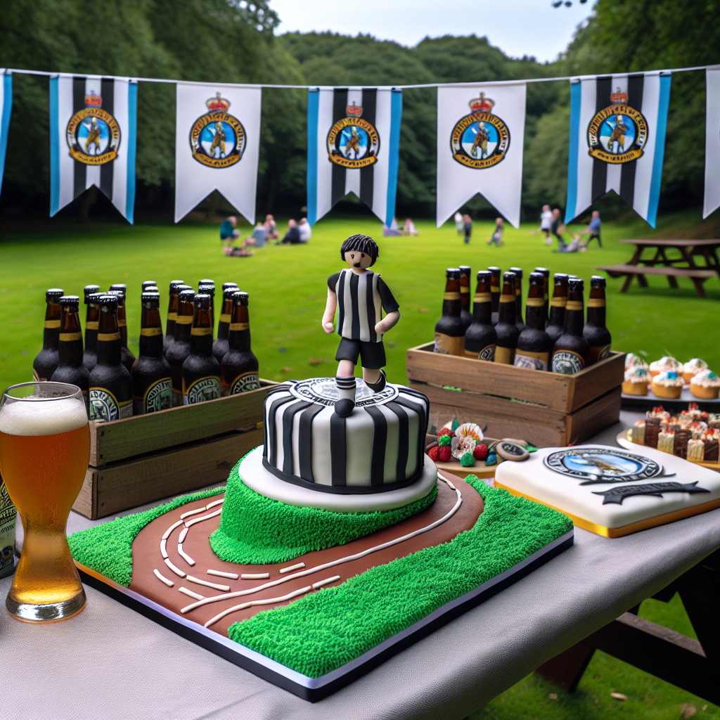 The image showcases a delightful birthday celebration set at a picturesque local park where recreational runners usually congregate. Banners bearing resemblance to a certain northern English football team's colors and emblem, hang from the trees, giving the scene a festive display. A picnic table is laden with an array of artisanal beers meticulously arranged. The centrepiece is a cake, artfully decorated with an edible path winding around it, encapsulating the essence of a park run. On top stands a miniature fondant figure, dressed in a black and white striped jersey, similar to those worn by a popular north English football team, posed as if sprinting towards a hypothetical goal post.
Generated with these themes: Newcastle football club, Running , Beers, and Parkrun.
Made with ❤️ by AI.