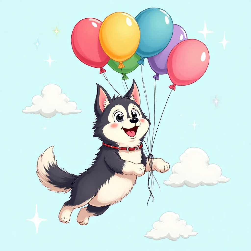 Cartoon husky with balloons , and Birthday Card