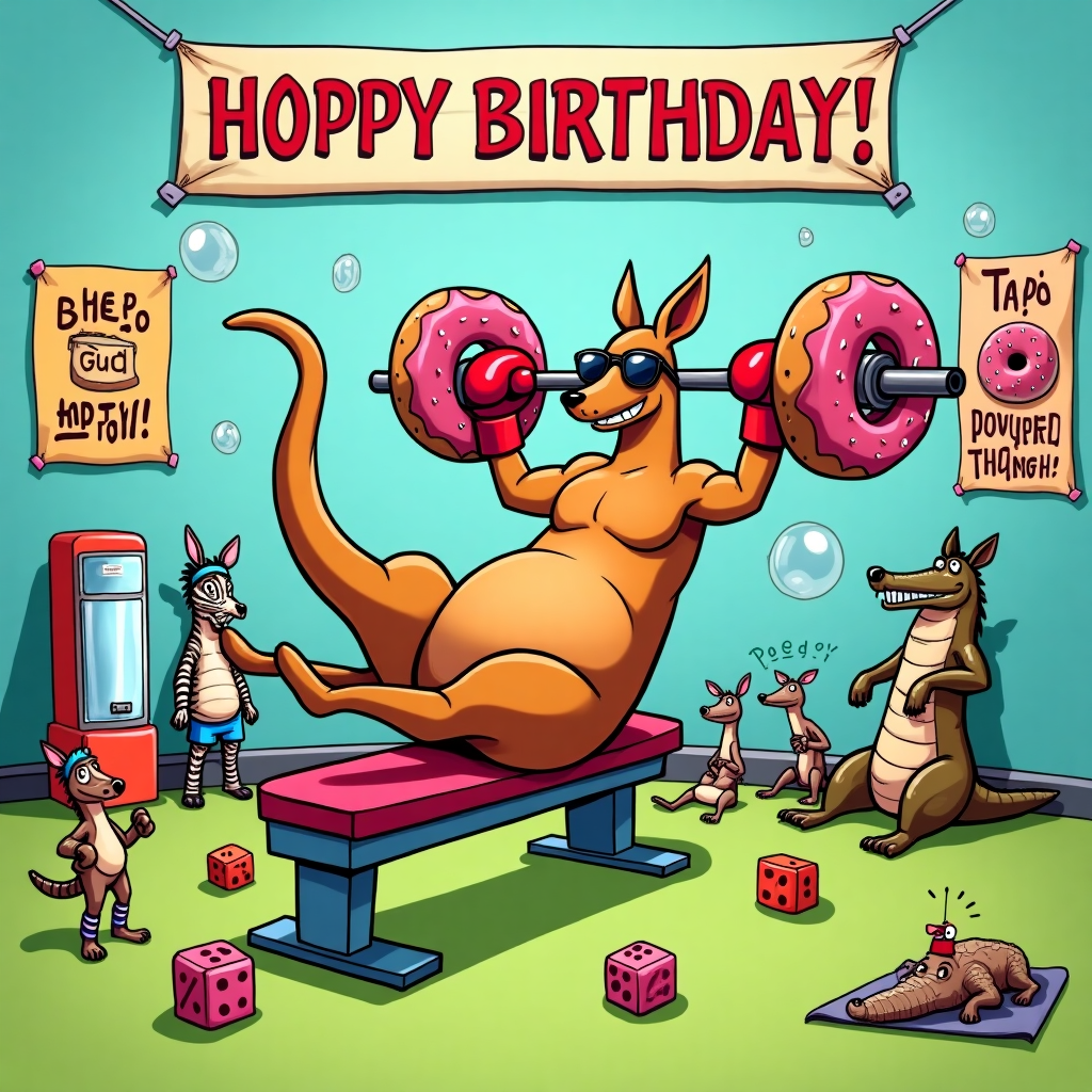 Front and center, a muscular kangaroo with exaggeratedly large arms and tiny sunglasses is lying on a vibrant, candy-striped bench press station. The kangaroo's fur is a warm, golden-brown hue, with a striking, cartoonishly long tail that curls humorously around one of the bench's legs. Its oversized boxing gloves are bright red, adding a pop of color against the fur.

Above the kangaroo, an oversized barbell floats mid-air, adorned with gigantic, donut-shaped weights instead of the traditional iron ones. Each donut is coated in pink icing with colorful sprinkles, contributing a playful twist to the scene.

Surrounding the kangaroo, a quirky audience of various anthropomorphic animals—think an alligator in gym shorts and a zebra wearing a headband—are positioned in a semi-circle. Each animal's features are exaggerated, reminiscent of the style seen in "Calvin and Hobbes" or "The Far Side," with wide eyes and expressive faces. The zebra sports a blue headband and striped legwarmers, while the alligator is hilariously attempting a split, its mouth open wide in a surprised 'O' shape.

The background showcases a bright, cartoon-style gym. Walls are a sky-blue color, dotted with cheerful motivational posters, featuring slogans like "Hop To It!" and "Power Through!" in bold, colorful fonts. One poster features an image of a platypus lifting weights, its bill drooping comically over its exercise mat.

The floor is a soft lime green, scattered with various colorful gym equipment: skipping ropes, kettlebells, and oversized foam dice acting as exercise blocks. A water cooler stands to the side, overflowing with large bubbles that float whimsically towards the ceiling, adding a touch of whimsy to the scene.

Above everything, a vibrant, cartoonish banner stretches across the top, reading "HOPPY BIRTHDAY!" in bouncy, playful letters that seem to leap off the page, inspired by the movement of the kangaroo itself.

This scene blends the distinctive charm and style of Schulz, Watterson, and Larson, offering a humorous yet visually captivating birthday greeting card design.
Generated with these themes: kangaroo bench press.
Made with ❤️ by AI.