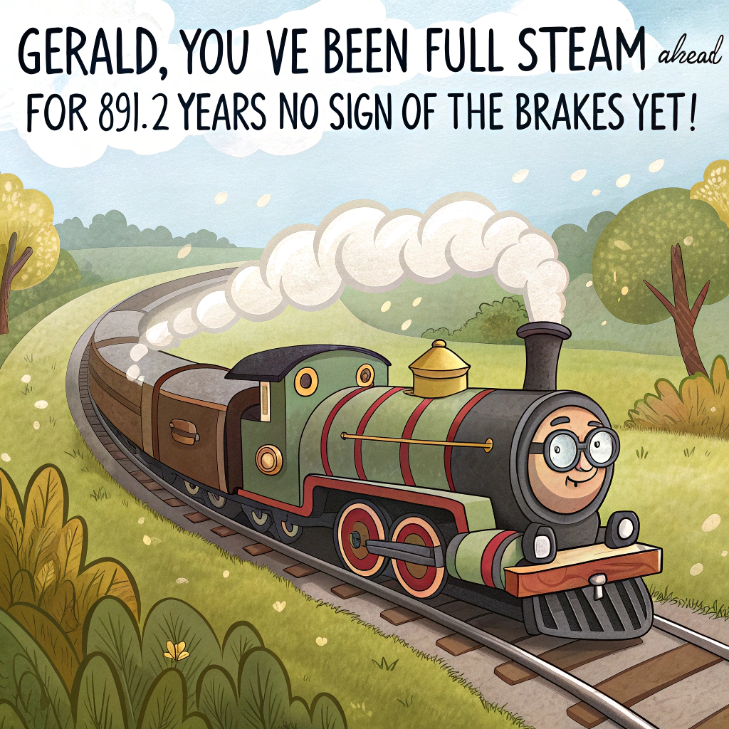 At the top of the image, "Gerald, you’ve been full steam ahead for 89½ years—no sign of the brakes yet!"

– In the center of the illustration, show a delightfully over-the-top cartoon steam train charging through a scenic countryside. The train’s boiler is puffing comically large clouds shaped like candles, with “89½” painted in bold gold numbers on the side of the engine.

– The driver of the train is a cheerful, cartoon version of Gerald—sporting vintage goggles, a striped engineer’s cap, and grinning as he tosses coal into the furnace (which happens to be cake slices).

– The caboose of the train is stuffed with oversized birthday presents and balloon animals, and there are trackside animals cheering him on with party hats.

– Include whimsical signs along the track that say things like “Next Stop: Ninety!”, “Senior Express Lane”, and “Half a Candle? No Problem!”

– Bright colors and bold outlines give it a joyous, energetic feel with a cheeky wink to Gerald’s near-nonagenarian adventure!
Generated with these themes: Steam trains, and 89 and half years old.
Made with ❤️ by AI.