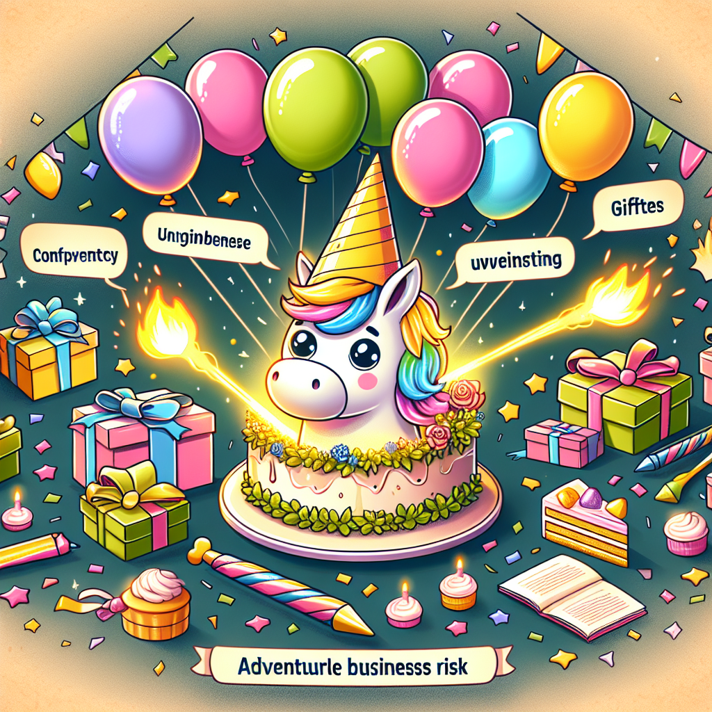 Create a cartoon themed image highlighting a jubilant birthday environment, filled with balloons, confetti and a dash of wizardry. The central subject is a glowing cartoon unicorn, dressed in a party hat, symbolizing a unique business risk. The unicorn is encircled by gifts and cakes, reinforcing the festive sentiment while embodying the essence of adventurous business undertakings.
Generated with these themes: Unicorn business risk.
Made with ❤️ by AI.