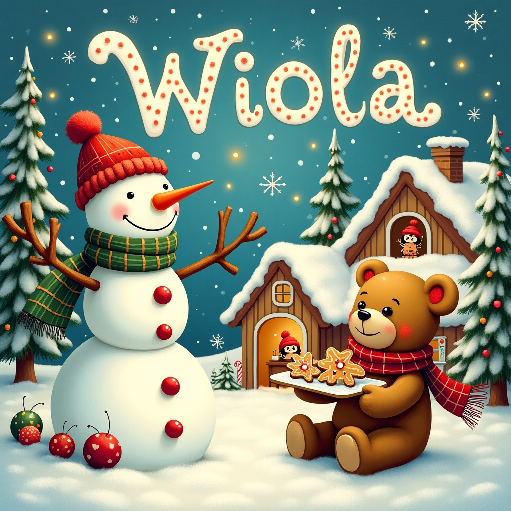 In this whimsical Christmas card scene, we find ourselves transported to a charming snowy village, where magic and coziness abound. At the center of this winter wonderland stands a snowman with a unique twist: its head is adorned with a delightful teddy bear cap, and its arms are made of wooden spoons, hinting at the baking adventure unfolding nearby. The snowman sports a scarf with the intricate patterns reminiscent of an Aubrey Beardsley illustration, with swirling designs in soft reds and greens.

Nearby, a quaint little kitchen peeks out from a gingerbread house, where a bustling family of ladybugs, each wearing tiny chef hats, is busy baking gingerbread cookies. The gingerbread house is detailed with sugar snow on the roof, peppermint candy accents, and frosted window frames. The scene is inspired by the fantastical worlds of Maurice Sendak and Beatrix Potter, with delightful characters full of personality and life.

In the foreground, a charming teddy bear, wrapped in a cozy plaid scarf like a character from a Norman Rockwell painting, sits proudly holding a tray of freshly baked gingerbread men. Each cookie is intricately decorated with bright icing and tiny candy buttons.

Above the scene, the sky is a tapestry of pastel twilight hues, where the clouds form the name "Wiola" in an elegant, flowing script that evokes the graceful illustrations of Arthur Rackham. The letters sparkle with a dusting of snowflakes, adding a touch of festive magic. In the distance, snow-dusted fir trees are adorned with twinkling fairy lights, casting a gentle glow over the entire tableau, reminiscent of Maxfield Parrish's luminous art.

The overall composition is busy yet harmonious, a bustling tapestry of Christmas cheer, inviting the viewer to lose themselves in the intricate details and heartwarming narrative, all while celebrating the festive spirit with Wiola.
Generated with these themes: Ladybugs, Snowman teddy bear, Christmas scene, and Baking ginger bread.
Made with ❤️ by AI.