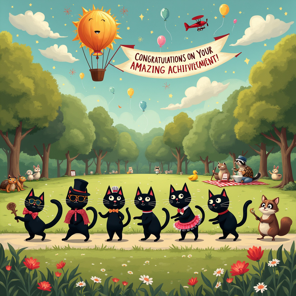 Picture a bustling park on a bright, sunny day, complete with lush, green trees and colorful flowers scattered throughout. In the foreground, there’s a whimsical conga line of jubilant black cats, each one distinct in its quirkiness. The leader cat, wearing a tiny top hat tilted jauntily to one side, sports a monocle and holds a small, ornate conductor's baton. Following closely behind, the next cat is adorned with a sparkly tutu and ballet slippers, its paws gracefully raised as if mid-leap. Further down the line, there’s a cat with oversized sunglasses, a Hawaiian shirt, and a ukulele slung over its shoulder, looking ready for a beach party.

The cats’ tails are entwined in perfect harmony, creating a delightful wave pattern as they move. Behind the cats, a variety of playful details fill the scene: a squirrel in a mini chef’s hat is stirring a pot of acorn soup, a dog in a detective outfit is peeking out from behind a tree with a magnifying glass, and a family of ducks is waddling in sync, as if caught up in the festive spirit.

In the background, a row of tall trees provides shade for a group of picnic-goers. One blanket hosts a raccoon in a bow tie, pouring tea from a dainty porcelain teapot, while another features a turtle with a tiny beret, painting a canvas on a miniature easel. Overhead, a hot air balloon in the shape of a smiling sun drifts lazily, casting a gentle shadow over the scene.

In the sky, a banner pulled by a cheerful airplane reads, "Congratulations on Your Amazing Achievement!" The intricate lettering is surrounded by playful doodles of stars, confetti, and fireworks. Balloons in various shapes and colors dot the sky, adding to the celebratory atmosphere.

The entire scene is bursting with intricate details and charming characters, each contributing to the joyful and whimsical celebration of success.
Generated with these themes: Black cats, and Conga .
Made with ❤️ by AI.