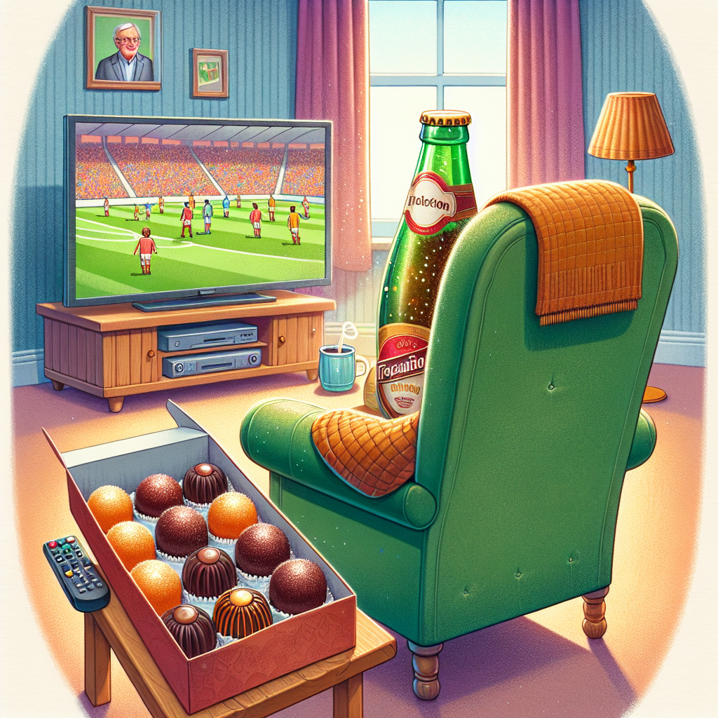 Create a whimsical illustration for Father's Day showing a cozy living room prepared for a festive celebration, although the father figure is not present. Center stage, there's an armchair turned towards a television screen that's enthusiastically broadcasting a colorful football match. A frosted bottle of a sweet carbonated beverage stands with prestige on the chair's armrest, bubbly effervescence shimmering beneath the warm glow of the television screen. An open box of round, chocolate-coated sponge cakes is placed on a small nearby table, with one particular cake humorously situated on top of the remote control, mimicking as if it had just scored a goal.
Generated with these themes: Football, coke, Jaffa cakes.
Made with ❤️ by AI.