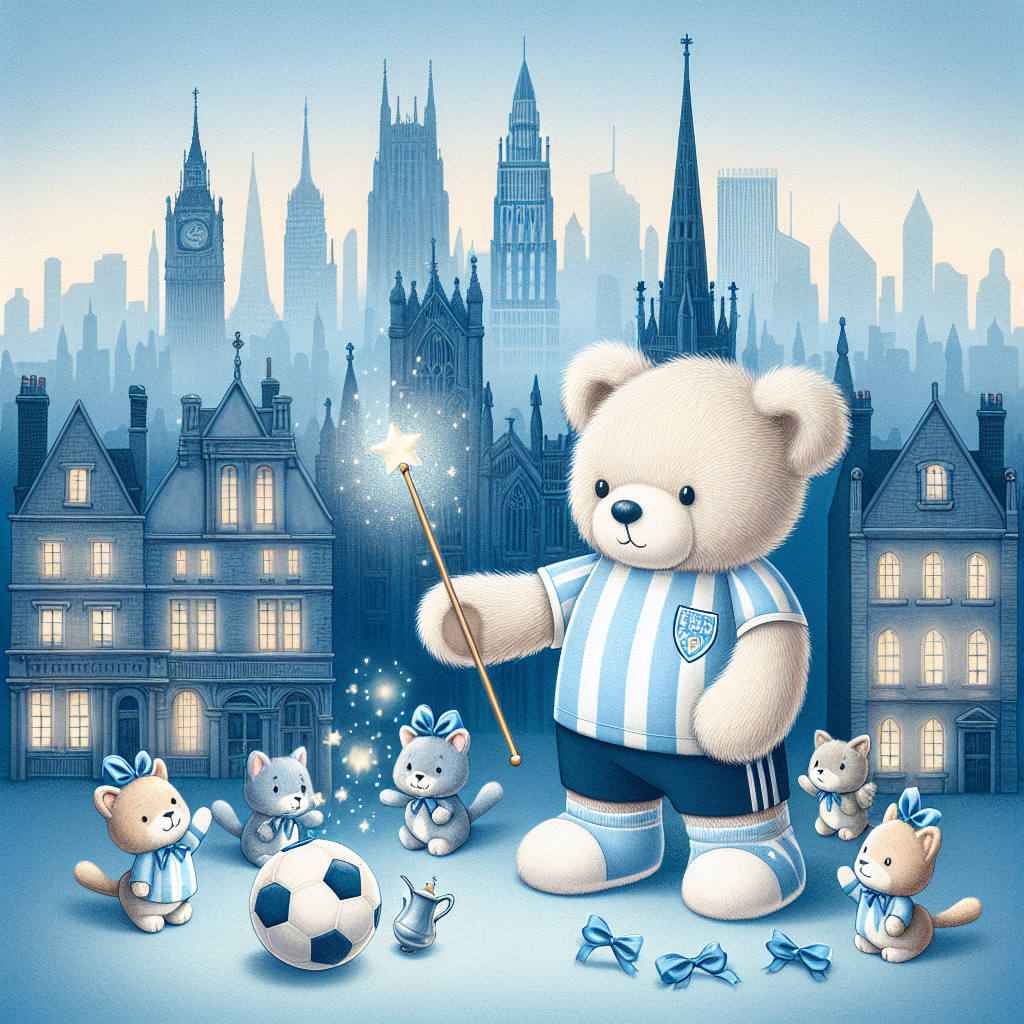 Create a quaint and whimsical scene at the heart of a European city, featuring a familiar skyline faintly set against a soft blue backdrop. A headlining feature is a loveable plush teddy bear proudly wearing a generic football team uniform standing in the foreground. This toy bear holds a sparkling wand, adding a magical touch to the scene. At the base of the bear, a group of playful cats adorned with blue ribbons are happily chasing a peculiar looking ball, hinting subtly at a famous magical sports game. All elements seamlessly blend forming an engaging scene reflecting a love for cats and magic with the city atmosphere.
Generated with these themes: Harry potter, Chelsea football club, London, Cats, and Blue.
Made with ❤️ by AI.
