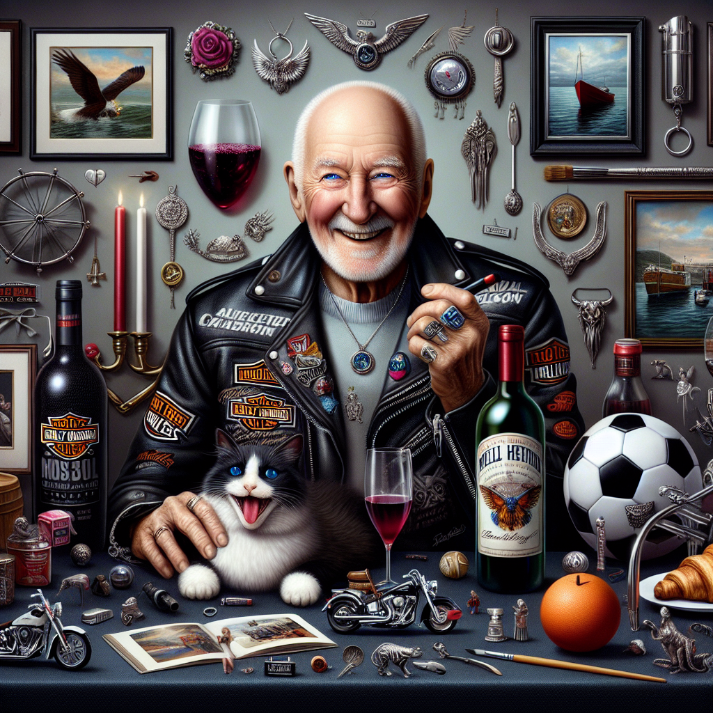 Evidently rendering an 80th birthday celebration exuding humor and light-heartedness. Seated at the heart of the image is an elderly Caucasian man, bald and with vivid blue eyes, gleaming with happiness. Attired in a swanky motorcycle jacket punctuated by a Harley Davidson logo, he's encircled by a selection of cherished items. A fluffy tuxedo cat of black color leisurely rests at his feet. Placed notably are a bottle of ruby-red wine and a much-detailed silver model of a trawler fishing boat, articulating his sophisticated preferences. Adorning his attire is an assortment of silver jewelry. Signs of his diverse interests are strewn around: a soccer ball, a collection of books, a tempting croissant, and a painter's palette and brushes subtly reveal his affinity towards art. Decorating the background are symbols associated with heavy metal music, playfully contrasting with the scene's dignified demeanor.
Generated with these themes: Bald old white man, Blue eyes, Fluffy black tuxedo cat, Motorcycle jacket, Red wine, Soccer, Trawler fishing boat, Silver jewellery, Books, Croissant, Artist painter, Heavy metal, Harley Davidson, and 80th.
Made with ❤️ by AI.