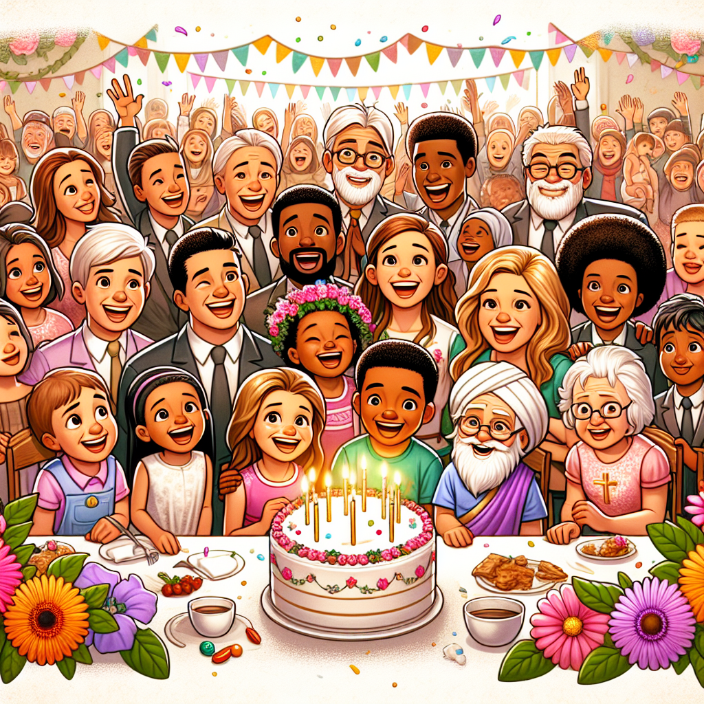 Envision a delightful scene depicting a birthday gathering filled with joyful cartoon family characters of varying ages. The characters should be a mix of genders and descents, including Caucasian, Hispanic, Black, Middle-Eastern, and South Asian individuals. These characters share laughter and stories, embodying the atmosphere of warmth and shared history. The setting is complemented with animated flowers of vibrant colors, symbolizing growth and beauty. Subtly incorporated into the design are Christian symbols such as crosses and fish, indicating the family's faith. The overall tone of the image is one of merriment and celebration.
Generated with these themes: Family, Laughter, Shared history, Flowers, and Christianity.
Made with ❤️ by AI.