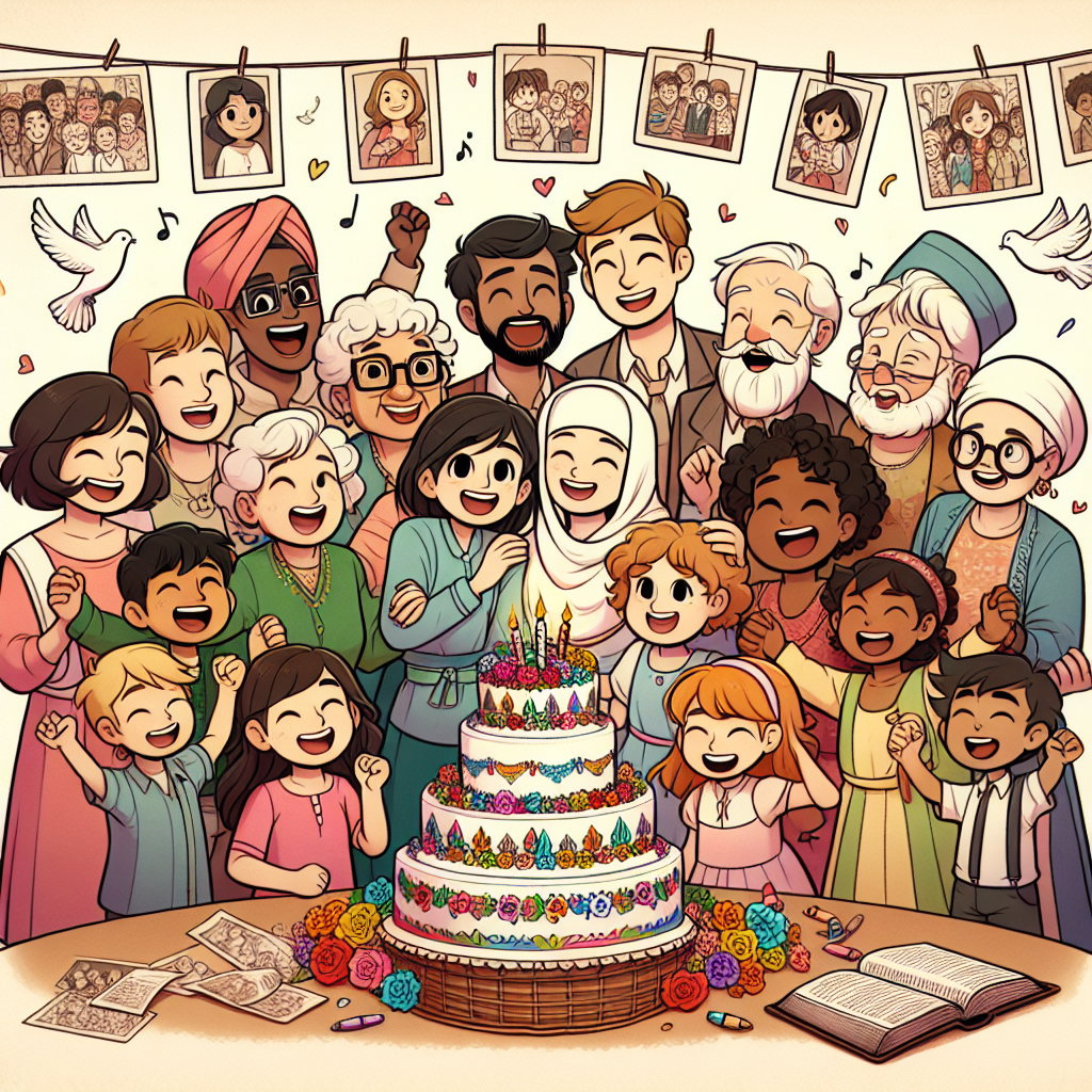 Draw a heartwarming cartoon scene featuring a diverse, close-knit family of various descents and genders, all happily gathered around a beautifully decorated birthday cake. Their faces are full of joy and laughter. Scattered around them are playful, whimsical decorations of vibrant and colorful flowers. Also incorporated into the festive atmosphere are subtle symbols of their shared Christian faith, like a gracefully soaring dove and a faithfully represented bible. As a background element, hint at their collective past through animated old photo frames filled with dancing memories.
Generated with these themes: Family, Laughter, Shared history, Flowers, and Christianity.
Made with ❤️ by AI.