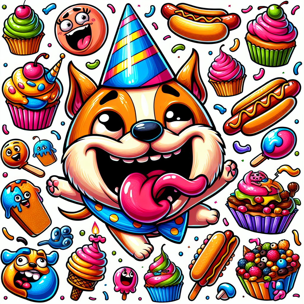 Design a vibrant and amusing vector art image in a birthday theme. The central figure should be an animated dog named Peach, characterized with a comic party hat, its mouth open as though it's singing. Around Peach, illustrate an assortment of party foods with lively and exaggerated expressions. Include cupcakes with funny faces, hotdogs that appear alive, and ice cream cones with a twisty design. The overall setting should evoke a sense of laughter and celebration.
Generated with these themes: Food, Peach the dog, and Singing.
Made with ❤️ by AI.