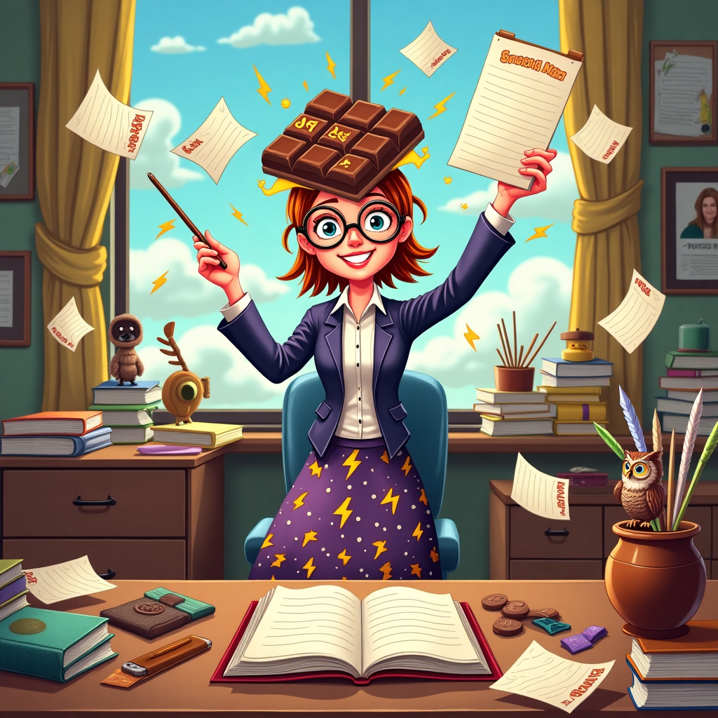 **Card Front Cover Illustration Description:**

**Background and Setting:**
- The scene is set in a bustling school administration office. Desks are cluttered with stacks of colorful papers, books, and quirky office supplies.
- A large window at the back reveals a glimpse of a sunny day, with blue skies and fluffy clouds.

**Foreground Elements:**
- In the center, there's a chaotic, lifelike depiction of a busy, humorous lady, reminiscent of a popular bookish character, wearing oversized, round glasses similar to Harry Potter's. She’s juggling several tasks: holding a magic wand in one hand, a clipboard in the other, and balancing a chocolate bar on her head.
- Her attire is an eccentric blend of school administrator chic and wizardry, with a patterned skirt featuring tiny lightning bolts and chocolate bars.

**Details and Props:**
- An enormous chocolate cake, intricately detailed, is placed on a nearby desk. The cake is topped with a small banner that reads "Mac" in bright, whimsical letters.
- In the background, an open book with moving, illustrated pages floats in mid-air. The book cover displays a classic wizardry symbol.
- A pot of quills, all with comically exaggerated feather plumes, is knocked over, spilling across a table.

**Additional Elements:**
- Several floating letters, akin to the Hogwarts acceptance letters, hover around the busy lady, all addressed to "Mac."
- A small, friendly owl is perched on a file cabinet, holding a piece of chocolate in its beak.

**Color Palette:**
- The scene is rich with vibrant colors; deep reds and golds dominate the magical elements, while earthy browns and greens characterize the school admin details.
- The lady’s outfit includes splashes of bright purple and green, adding to the humorous feel.

This imaginative farewell card captures a vivid, funny, and magical chaos, perfect for a school admin with a love for chocolate and wizardry.
Generated with these themes: School admin, Chocolate, Harry potter, Funny lady, and Very busy.
Made with ❤️ by AI.