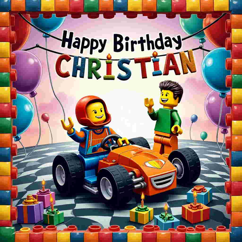 The front cover of this birthday greeting card bursts with vibrant colors and playful charm. At the center of the scene is a Lego race driver, crafted with an exaggerated oversized head and a comically tiny body, reminiscent of Charles Schulz’s style. The driver is in a dynamic pose, gripping a tiny Lego steering wheel with oversized gloved hands. He’s wearing a bright red helmet, and his race suit is a patchwork of vivid blue and yellow bricks.

Beside him stands a classic Lego man, his face adorned with the simple dot eyes and curved smile, as seen in Walt Disney's works. This Lego man sports a bright green shirt and orange pants, his blocky arms waving enthusiastically in the air.

The background is a dazzling scene inspired by Osamu Tezuka, filled with oversized balloons floating in a gradient sky of pastel pinks and purples. Each balloon features a different Lego pattern or motif. Below the balloons, a checkerboard racetrack, akin to the simplicity of Bill Watterson’s work, stretches across the card. The tiles alternate between black and white, with occasional hints of red, creating a sense of motion.

Above the scene, a sky banner made of Lego pieces spells out "Christian" in bold, colorful letters, with each letter formed from different brick combinations. The banner is strung between two Lego flags, one red and the other blue, echoing the classic Hergé precision.

In the foreground, a large birthday cake sits on a Lego platform, frosted in bright orange and adorned with multicolored Lego candles. Each candle flickers with a small, whimsical flame, a nod to Gary Larson’s playful exaggerations. Scattered around the cake are tiny Lego brick presents in various colors like purple, teal, and lime green, each with a differently designed bow.

The entire scene is framed by a border of interlocking Lego bricks in a rainbow of colors, a tribute to Will Eisner’s detailed panel work, providing a cohesive and lively frame to this celebratory moment.
Generated with these themes: Lego race driver, and Lego man.
Made with ❤️ by AI.