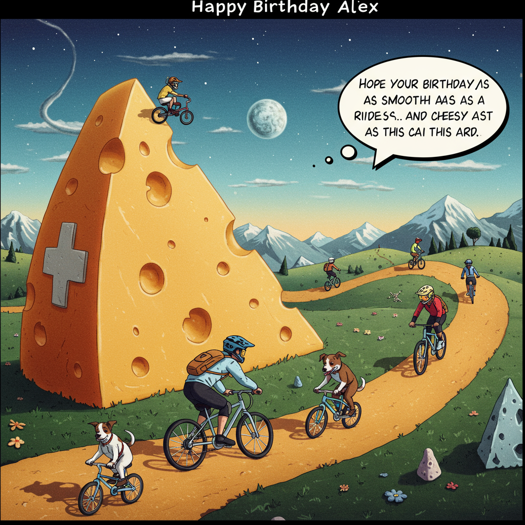 Mountain biking, cheese, dogs, cowboy boots, and Birthday Card