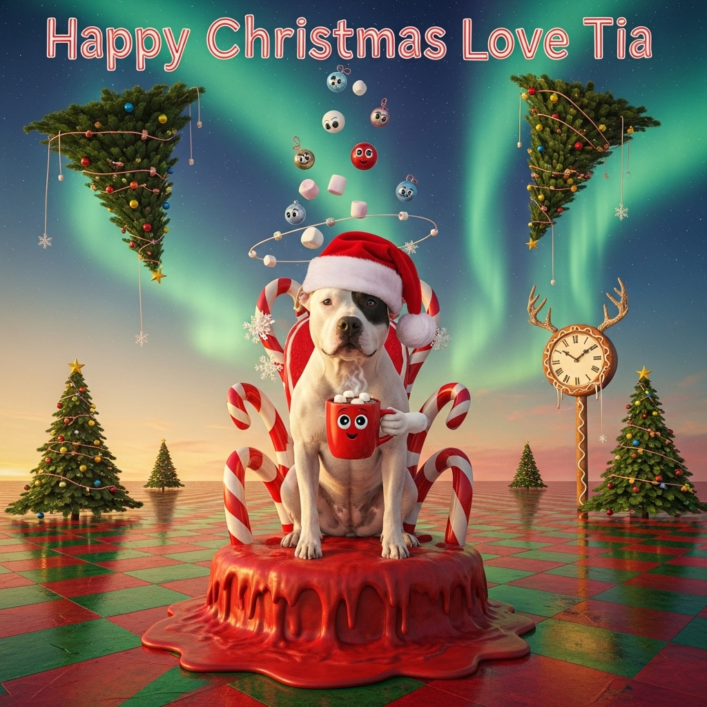 At the top of the Surreal Style image, write in whimsical, floating candy-cane letters: **"Happy Christmas Love Tia"**.  

A dreamlike, surreal Christmas scene: a cheerful white staffie with a black patch over her left eye sits on a melting candy-cane throne, wearing an oversized Santa hat that drips like red wax. Around her, snowflakes are actually tiny floating baubles with wiggly eyes, slowly orbiting her head like planets. The ground is a glossy red-and-green checkerboard that stretches into infinity, with giant bent Christmas trees sprouting upside down from the sky, their roots dangling like icicles. The staffie is holding a steaming mug of hot chocolate that defies gravity, with marshmallows drifting upward into the aurora-like swirl of peppermint clouds. A giant clock made of gingerbread hangs in the distance, its hands made of antlers, pointing to “midnight-ish.” The lighting is warm, golden, and softly ethereal, casting long, dreamlike shadows that bend and curl.  

Would you like me to also create **a few punny alternative text captions** you could float into the scene for extra comedy?
Generated with these themes: White staffie with black patch over left eye, and .
Made with ❤️ by AI.