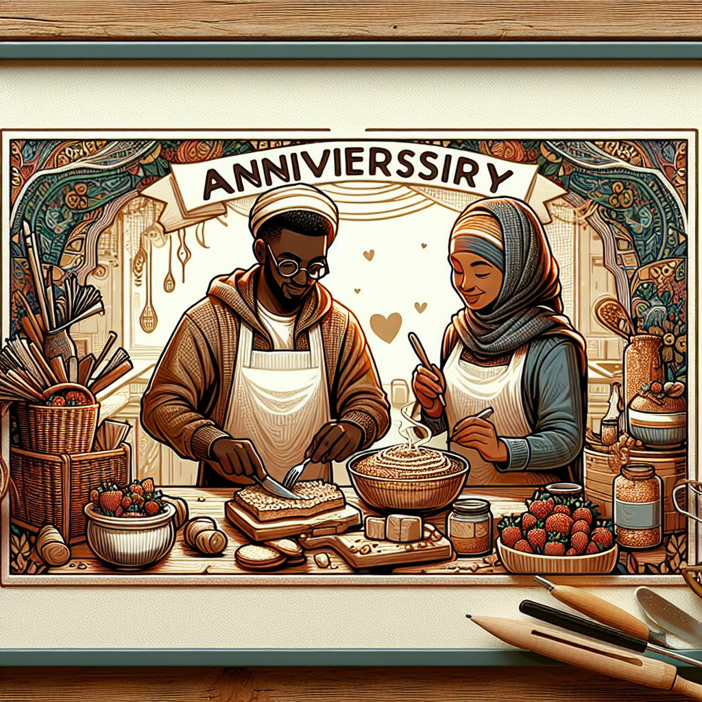 Illustrate a captivating scene encapsulating an anniversary celebration, featuring two individuals of differing descents, one of Black descent and the other of Middle-Eastern descent engrossed in the art of DIY cooking crafts. Picture this in a cozy, rustic kitchen packed with a plethora of homemade culinary creations that are reflective of their shared experiences and the delight of creating together.
Generated with these themes: Cooking DIY.
Made with ❤️ by AI.