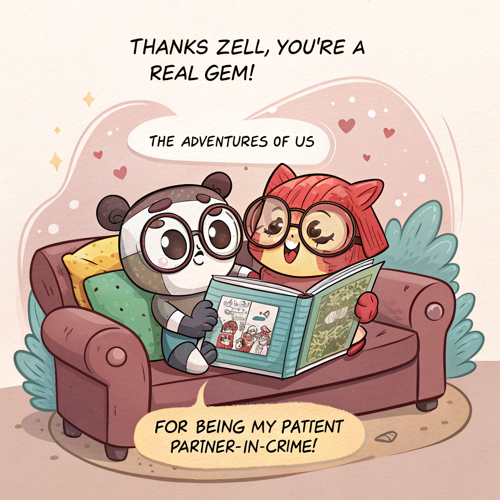 At the top of the image, "Thanks Zell, You're a Real Gem!"

At the bottom of the image, "For Being My Patient Partner-in-Crime!"

- In the center of the image, depict a playful cartoon scene of two adorable, oversized-eyed characters. They are nestled together on a comfy couch, surrounded by colorful, exaggerated cushions. One character is holding a giant comic book with "The Adventures of Us" on the cover, while the other is wearing oversized glasses, playfully nudging their partner with a cheeky grin. Bright, heart-shaped speech bubbles float above them, filled with fun and affectionate banter.
Generated with these themes: Chat cuddles, Thanks for the patience and understanding i love you, and .
Made with ❤️ by AI.