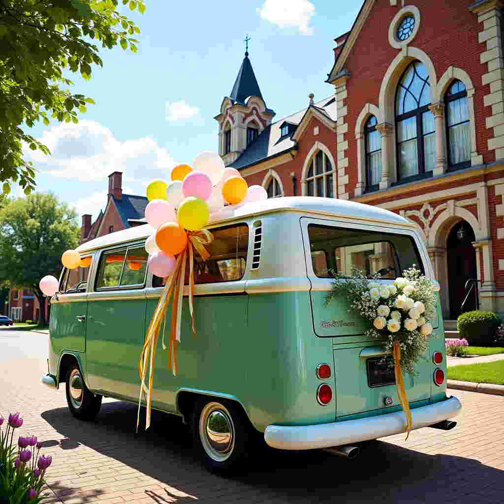 Front and center, a gleaming vintage campervan takes pride of place, its retro charm immediately evident. The van is painted in a soft mint green with a glossy white roof, adding a nostalgic touch. It's adorned with a vibrant array of wedding decorations: a cascade of multicolored balloons in pastel pinks, yellows, and blues float from the back, along with trailing ribbons of shimmering gold and silver. These ribbons flutter whimsically in the breeze.

The windows of the campervan are festooned with a garland of lush white roses interspersed with sprigs of baby's breath, lending a fresh, romantic feel. Tied to the bumper are clusters of tin cans in metallic shades, which reflect dappled sunlight, creating playful spots of light on the cobblestone street below.

Positioned in the background is the stately town hall, a classic Victorian structure with red brickwork and ornate white stone detailing. Its tall arched windows are accented with stained glass, depicting abstract floral designs. The town hall's clock tower is visible, its hands frozen at a timeless 3 o'clock, and a neatly manicured lawn surrounds the building, dotted with blooming tulips in rich purple and yellow hues.

The scene is set under a clear blue sky with a few fluffy clouds lazily drifting by, while the gentle rustling of nearby trees, their leaves a vibrant green, suggests a pleasant breeze. In the distance, the silhouettes of a quaint townscape with chimneys and peaked roofs provide a picturesque backdrop.
Generated with these themes: Wedding campervan, Wedding decorations on car, and Outside town hall.
Made with ❤️ by AI.