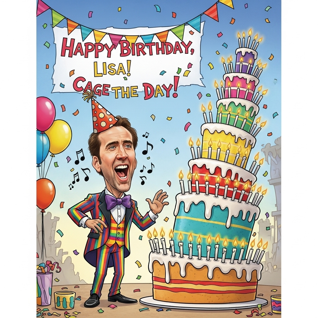 **Image Prompt:**

Picture a cartoon-style scene set in a whimsical, vibrant world. Front and center, we have a caricature of Nicholas Cage, exaggerated features and all, with his signature expressive face, dressed in a hilariously over-the-top birthday outfit—think a polka-dot party hat and a rainbow-striped tuxedo.

Nicholas is joyfully singing, with musical notes floating around his head, as he stands in front of a giant, towering birthday cake with brightly colored layers and a myriad of lit candles flickering merrily. The cake is almost cartoonishly tall, swaying slightly, as if it's about to topple over from its own magnificence.

Next to him, there’s a colorful birthday banner strung across the top of the image, with the words: "Happy Birthday, Lisa! Cage the Day!" written in bold, playful letters. The whole scene is bustling with lively energy, with confetti and balloons hovering around, creating an atmosphere of fun and festivity. The colors are vivid and pop right off the card, perfectly capturing the joyous chaos of a birthday celebration.
Generated with these themes: Nicholas cage, Singing happy birthday lisa, and .
Made with ❤️ by AI.