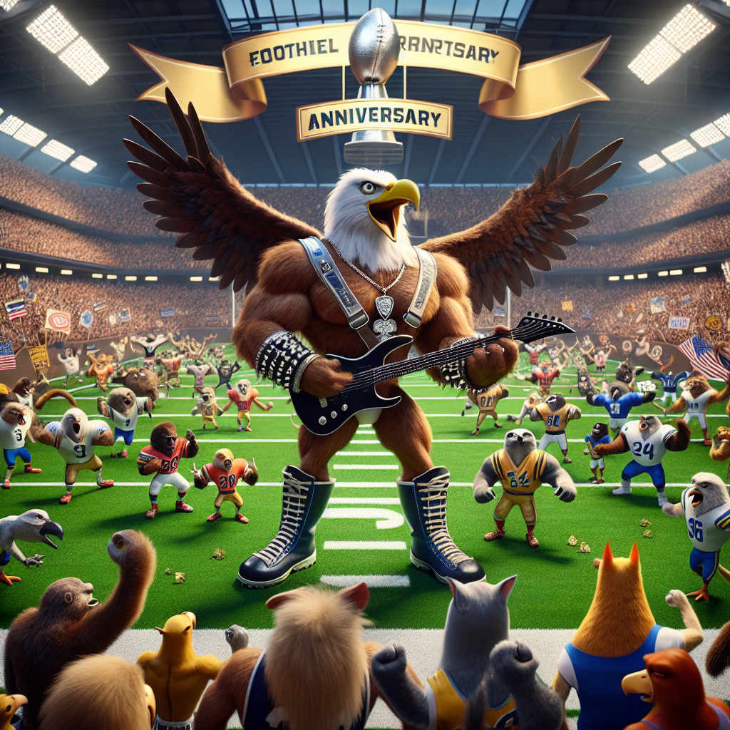 Imagine an animated scene set within a vast football stadium. It's teeming with animated creatures of various kinds, each one sporting a distinctive accessory that's indicative of either football or wrestling. At the center of this lively ensemble is a cartoonish, muscular eagle. Clad in wrestling boots, the eagle strikes a power stance as it passionately strums an electric guitar. The crowd of animals erupts into cheers and applause, expressing their excitement and approval. Fluttering in the background is a large banner paying tribute to the event's anniversary. Prominently displayed in the forefront is a shiny metal football trophy, beautifully representing the interesting combination of sports and heavy metal themes.
Generated with these themes: Wrestling , Football, and Heavy metal.
Made with ❤️ by AI.