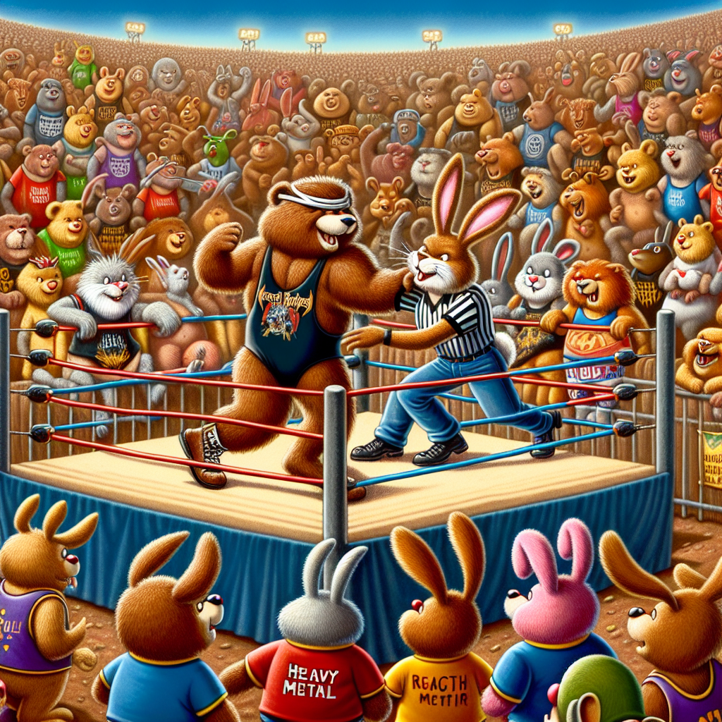 Depict a festive gathering in a warmth-filled stadium where cartoonish anthropomorphic animals are congregated to revel. The central part of the ground features a wrestling ring with a bear dressed in a wrestling singlet playfully tussling with a bunny who acts as a referee. Both are clothed in heavy metal band T-shirts. Several other lovable critters, garbed in football jerseys, are enthusiastically supporting from the fringes. Above them, the melody of a resonating electric guitar solo reverberates from the loudspeakers, causing illustrated musical notes to dance and twirl in the atmosphere.
Generated with these themes: Wrestling , Football, and Heavy metal.
Made with ❤️ by AI.
