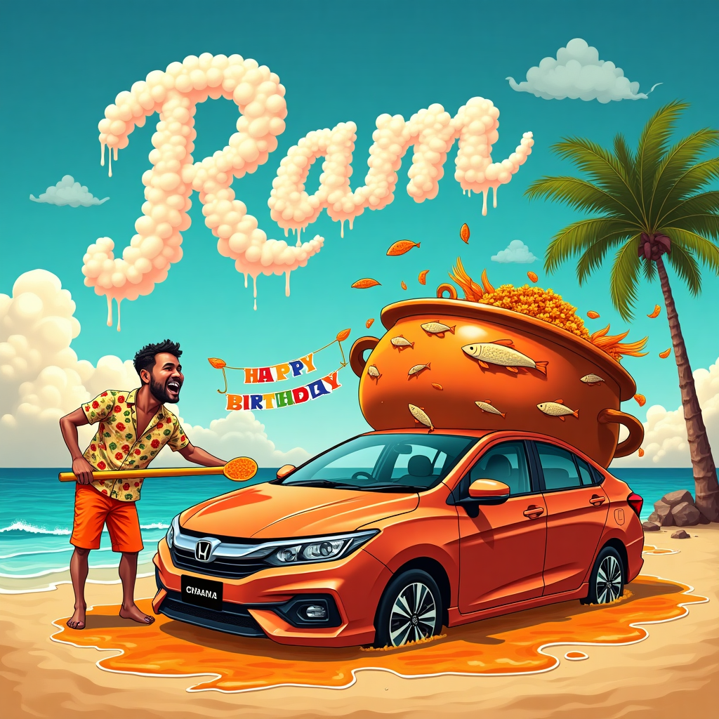 The birthday greeting card presents a hilarious, vivid scene that captures an unforgettable birthday adventure. In the foreground, a sleek Honda City car is parked at an odd angle, half-submerged in a gigantic fish curry pot. The car's shiny surface reflects the colorful curry spices swirling around it, with large chunks of fish comically adorning its hood and roof like over-the-top decorations. The curry pot itself is oversized, its massive sides covered in intricate engravings of spices and fish swimming around, as though the car took a wrong turn into a culinary dimension.

Next to this peculiar scene, a jolly man with a noticeable tummy, dressed in a festive Hawaiian shirt with fish patterns and a pair of bright orange shorts, is attempting to rescue the car. He's holding a giant spoon in one hand, reaching over the curry pot's rim, and looking amused rather than alarmed, adding to the card's humor. His face is captured mid-laugh, with curry splatters adding to his comical appearance. 

In the sky above this chaotic scene, fluffy white clouds form the name "Ram" in a fun, cursive script, as though the universe itself is wishing him a happy birthday. The sky is a bright, cheerful blue, with a hint of sunset oranges and pinks at the horizon, giving the scene a celebratory backdrop. Off to the side, a colorful "Happy Birthday" banner is strung between two coconut trees, swaying gently in the imaginary breeze.

This zany composition is brimming with detail, from the droplets of curry cascading off the car to the playful expression of the fish-patterned shirt, creating a truly unique and memorable birthday greeting card cover for Ram.
Generated with these themes: Honda City car, fish curry, guy with tummy.
Made with ❤️ by AI.