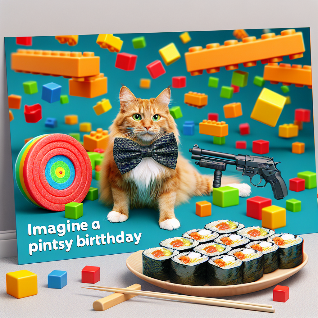 Imagine a playful birthday illustration where a naughty ginger cat sports a stylish bow tie amid a fun chaos of interlocking plastic building blocks. Against a wall in the background, a playful foam dart shooter leans casually, suggestive of impending amusement. In the foreground, a meticulously arranged platter of sushi awaits, enticingly welcoming attendees to join in the celebration.
Generated with these themes: Ginger cat, Nerf gun, Lego, and Sushi.
Made with ❤️ by AI.