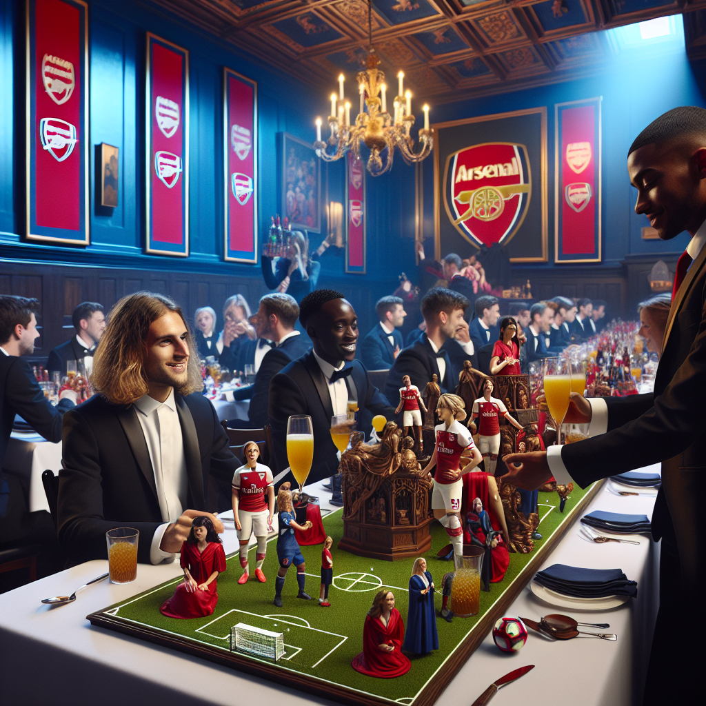 Visualize a solemn yet jubilant atmosphere in a room adorned with the hues and motifs representing the Arsenal football team. Heavily influenced by women's football victories, the decor proudly showcases football memorabilia. Guests, with diverse ethnicities and gender, are seen socializing around tables covered in sophisticated black linens. The table centerpieces feature a compelling blend of football charm and academic accomplishment, displaying miniature versions of the celebrant's degree. The ambience is filled with the vibrancy of animated discussions and the sound of toasting glasses. A bartender, a Caucasian male, performs his craft in concocting signature cocktails, proffering a vibrant homage to the honoree's twin passions of football and academia.
Generated with these themes: Degree, Womens football , Arsenal football , and Cocktails.
Made with ❤️ by AI.