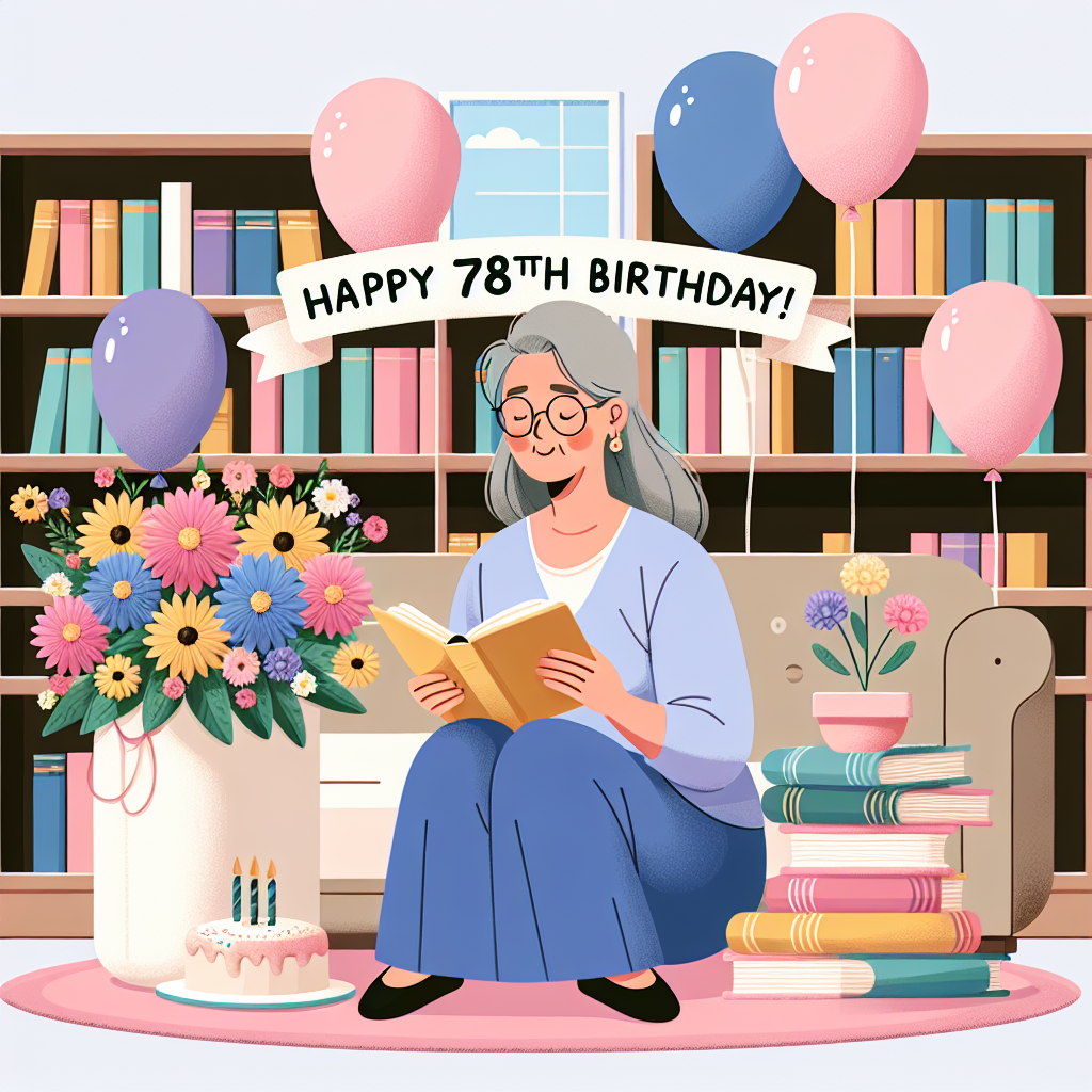 Create a heartwarming image to celebrate a 78th birthday. Depict a South Asian mother sitting comfortably in her favorite reading corner. This space is surrounded by shelves filled with books she loves. She's holding an open book in her hands and is clearly engaged in the story, displaying a look of satisfaction. The room is decorated with a variety of colourful flowers, such as daisies and roses, adding life and splendor to the celebration. Pastel balloons are floating in the space. Also, make sure to show a tasteful banner that says 'Happy 78th Birthday!'
Generated with these themes: Mum , 78th Birthday , Reading , and Flowers .
Made with ❤️ by AI.