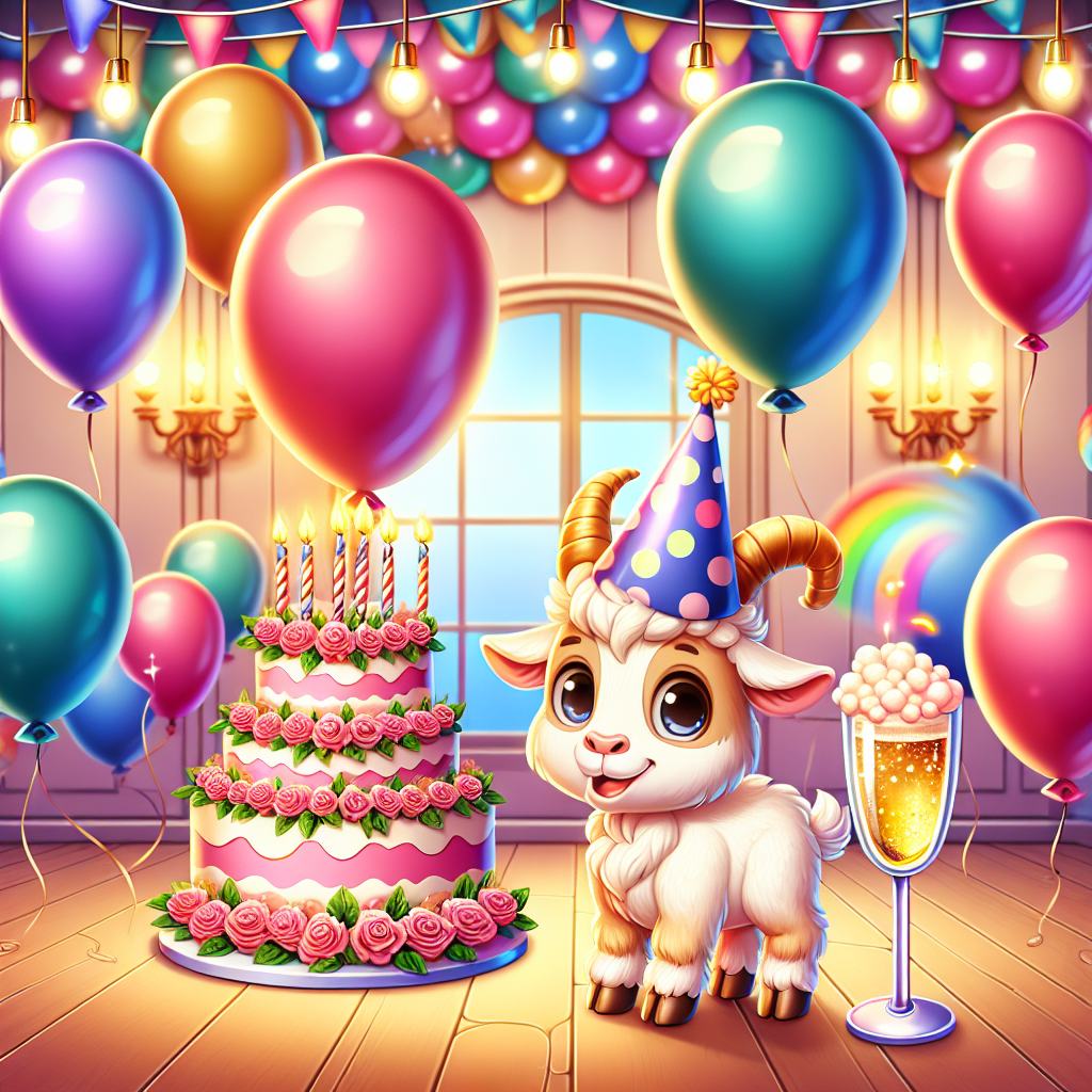 Create an image depicting a festive birthday setting with a cartoon theme. In the center of the setting stands a cheerful light brown goat, donning a polka-dotted birthday hat. Beside the goat, there is a towering birthday cake, beautifully adorned with icing roses and lit candles. The room is filled with floating balloons, each reflecting a spectrum of hues akin to a rainbow. Adjacent to the goat, a gleaming cartoon glass filled with bubbly champagne rests, casting a warm glow. The entire scene radiates a joyous birthday atmosphere, inviting everyone to come and celebrate.
Generated with these themes: Light brown goat, Baloons, Birthday cake, Cartoon, and Glass of champagne.
Made with ❤️ by AI.