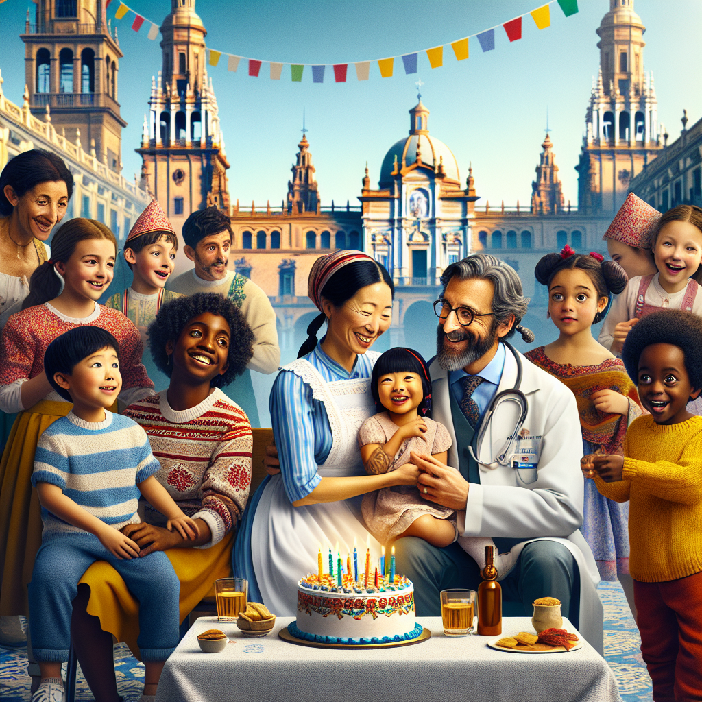 The illustration captures the essence of a festive birthday celebration, intertwined with Spanish culture. A doctor and nurse, both donning festive attire, engage with a group of delighted children. The backdrop is a harmonious blend of Sanlucar de Barrameda's and Seville's distinctive features, perfectly encapsulating the spirit of Semana Santa. In this scene, a doting granddaughter is at the heart of the celebration, with subtle elements representing Fuentes de Andalucia. The illustration is rounded off with subtle nods to the timeless beauty of Toledo, Spain, adding depth and history to the happy occasion.
Generated with these themes: Doctor, Nurse, Children, Sanlucar de Barrameda, Spain, Seville, Spain, Semana Santa, Granddaugther, Fuentes de Andalucia, Spain, and Toledo, Spain.
Made with ❤️ by AI.