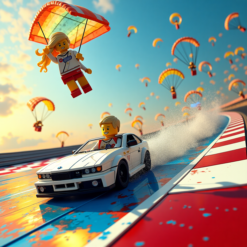 In this vibrant and surreal congratulatory scene, a bold and dynamic abstract interpretation unfolds on the racing track, inspired by the playful chaos and geometric harmony of the early 20th-century abstract artists. At the forefront, a blond Lego boy is energetically racing a pristine white BMW M2, its glossy surface reflecting kaleidoscopic fragments of the racing track—a mosaic of interlocking primary-colored blocks reminiscent of Mondrian's compositions. The car's wheels leave behind swirling trails of Jackson Pollock-esque splatters, blending seamlessly into the checkerboard patterns of the track, which zigzag across the canvas with the precision and minimalism of Agnes Martin's grids. Hovering above this vibrant race is a Lego girl with long blond hair, depicted mid-parachute jump, her parachute unfurling like an abstract de Kooning expression, a burst of swirling pastels and bold strokes capturing the sheer dynamism of her descent. The sky above is a gradient of Rothko-inspired ethereal color fields, transitioning from deep blues to fiery oranges, casting a surreal light over the scene. In the background, a series of Miró-like whimsical shapes dance along the horizon, adding a playful narrative to the achievement. This lively tableau celebrates achievement with a cascade of shapes and colors, capturing a moment of triumph through a symphony of surreal abstract art elements.
Generated with these themes: Blond lego racing boy and white bmw m2 at racing tarck , Lego girl with long blond hair jumps parachute at racing track , and  .
Made with ❤️ by AI.
