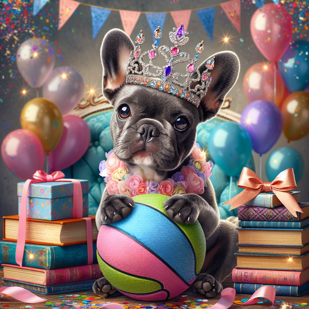 Create a whimsical birthday-themed digital painting showcasing a charming grey French bulldog adorned with a sparkling queen's-style crown. The adorable bulldog is imagined sitting at the very center of a vibrant scene, lovingly clasping a colorful netball between its paws. Its royal setting is complete with stacks of favorite books wrapped in festive ribbons, celebrating both its whimsy and intelligence. To kick up the festive spirit, add to the composition an abundance of balloons and confetti sprinkled around, creating a fun-filled, celebratory ambiance.
Generated with these themes: Grey french bull dog , Queen, Netball, and Books.
Made with ❤️ by AI.