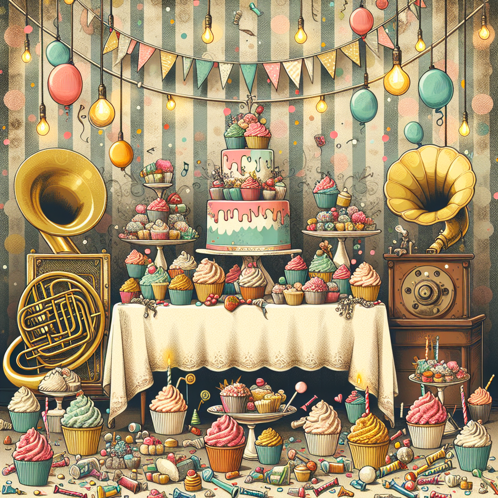 Create a playful vector graphic illustration of a unique birthday scene where vintage style meets chaotic creativity. The scene contains a backdrop of faded polka-dot wallpapers adorned with antiquated brass musical instruments and decorated with strings of quaint fairy lights. In the foreground, a table is featured with a mismatched collection of floral-patterned china plates, where chaos reigns, it's laden with an assortment of cupcakes and candies. These sugary treats are distinguished by their vibrant and bright colors which contrast remarkably with the muted tones of the vintage setup.
Generated with these themes: Vintage, and Chaos.
Made with ❤️ by AI.