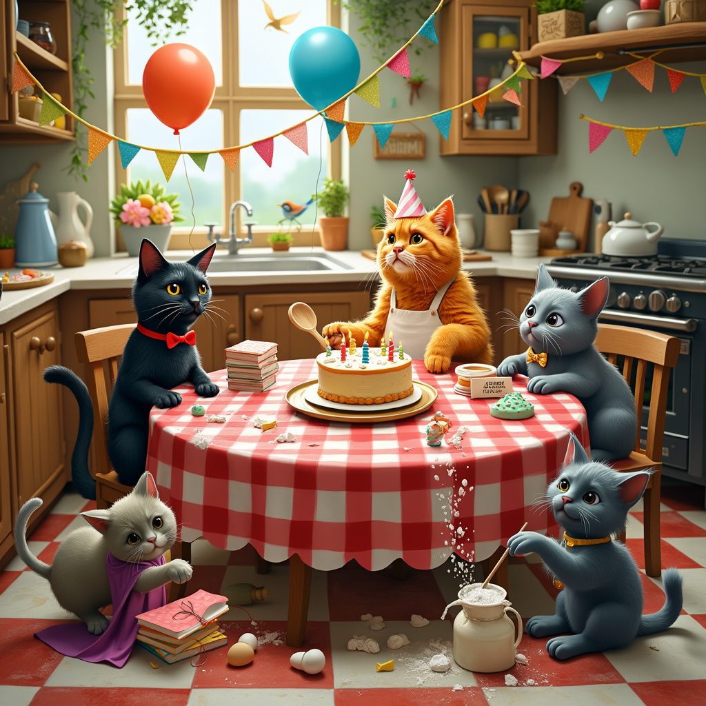 On the cover of the birthday greeting card, imagine a whimsical and detailed scene set in a cozy, quaint kitchen. At the center of the chaos is a large, round wooden table covered with a vibrant, checkered tablecloth in shades of red and white. The table is strewn with colorful birthday decorations: balloons in various shapes, streamers, and an oversized birthday cake adorned with lit candles and tiny, intricately detailed cat figurines made of fondant.

Sitting around the table are four cats, each with their own distinct personalities and outfits. One, a fluffy orange tabby, wears a tiny chef's hat and apron, wielding a wooden spoon as it stirs a mixing bowl full of batter precariously close to the edge of the table. To the left, a sleek black cat dons a pair of oversized, round glasses and a tiny bow tie, carefully examining a cookbook titled "Feline Feasts" while balancing on a stack of cookbooks.

Across from the black cat, a chubby gray cat, wearing a sparkly party hat, is mid-pounce, its paws outstretched towards a string of bunting being mischievously pulled by a mischievous-looking Siamese cat on the floor. The Siamese cat is decked out in a tiny magician's cape and hat, with a wand held between its teeth, clearly the mastermind of the chaos. Scattered around the floor are more baking ingredients: spilled flour forming little paw prints, cracked eggs, and a bag of sugar tipped over with crystals spilling out like snow.

In the background, the kitchen is alive with detail: wooden cabinets with charming, mismatched knobs, a vintage oven with a cat-shaped timer on top, and a window letting in soft sunlight. Outside the window, a garden full of blooming flowers and a bird feeder can be seen, with a bird mid-flight, adding an extra layer of charm to the scene.

Every inch of the scene is bustling with activity, humor, and feline charm, creating a delightful birthday chaos that celebrates both the joy of the occasion and the lovable mischief of cats.
Generated with these themes: Cats.
Made with ❤️ by AI.