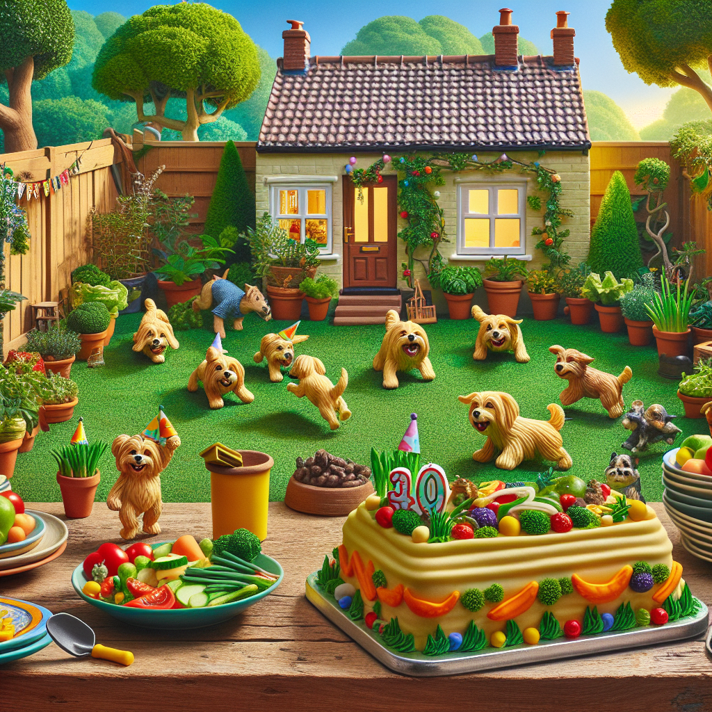 Depict a vibrant, cartoon-style backyard birthday party at a freshly-constructed house. The garden is adorned with festive decorations that add an element of cheer to its charm. Energetic dogs, with small party hats on their heads, can be seen joyfully chasing each other amidst the nascent plant life. The garden serves as a backdrop to the festive feast, laid out on a rustic wooden table. The food spread primarily features freshly cut vegetables and fruits, reflecting the theme of wholesome, nutritious eating. At the heart of the table stands an appealing cake, topped with miniature figurines of a dog and a garden shovel, representing health-conscious dining habits fused with a passion for horticulture.
Generated with these themes: Dogs, New house, Eating healthy, and Gardening.
Made with ❤️ by AI.