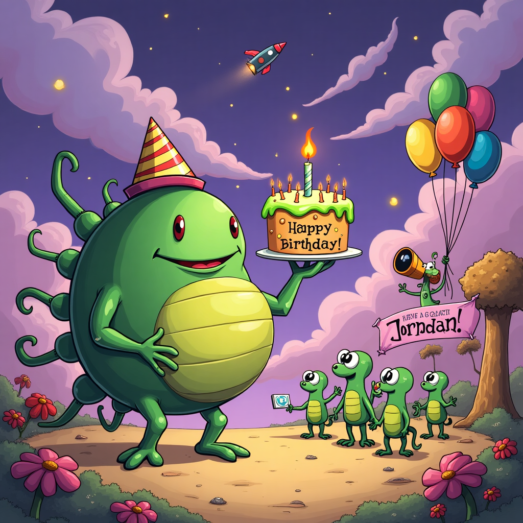 In this quirky cartoon birthday card scene, imagine an extraterrestrial birthday bash on an alien world. The foreground features a chubby, oversized Tyranid creature, styled with a touch of humor, holding a gigantic, frosted birthday cake with its numerous arms. The cake is topped with a spaceship-shaped candle, and it has "Happy Birthday Jordan!" written in gooey green icing. The Tyranid is wearing a party hat that resembles a small UFO. To its right, a group of smaller Tyranids are gathered, looking up eagerly with wide, cartoonish eyes, holding balloons in the shape of meteorites. The background is a vibrant purple sky with swirling, colorful clouds, where the word "Jordan" is cleverly integrated into the fluffy cloud formations, subtly ensuring the birthday person's name is part of the celestial display. There's a playful twist as a curious Tyranid, resembling a mischievous puppy, tugs at a banner strung between two spiky alien trees that reads, "Have a Galactic Day!" The alien landscape is dotted with peculiar plants resembling giant candy canes and lollipop flowers, adding to the whimsical feel. A lone, adventurous Tyranid is seen in the distance peeking through a telescope shaped like a comically large eyeball, suggesting even more surprises await on this unique birthday planet.
Generated with these themes: Warhammer tyranids .
Made with ❤️ by AI.